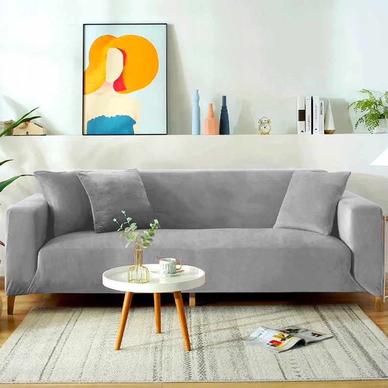 Potah Na Pohovku Světle Šedý Samet Pro 4 Osoby