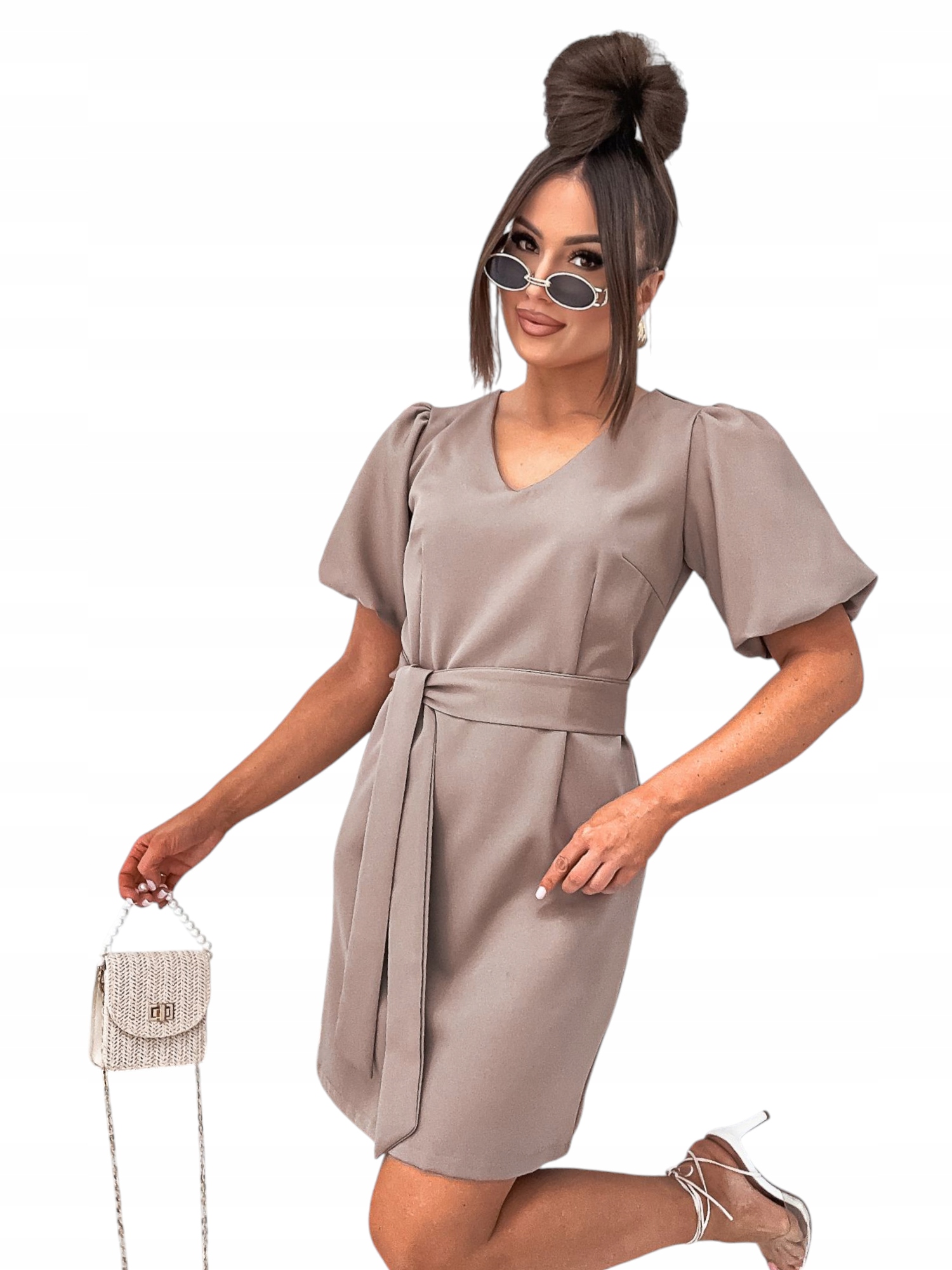 Sukienka Na Ślub Komunię Z Paskiem Krótkie Bufiaste Rękawy XL