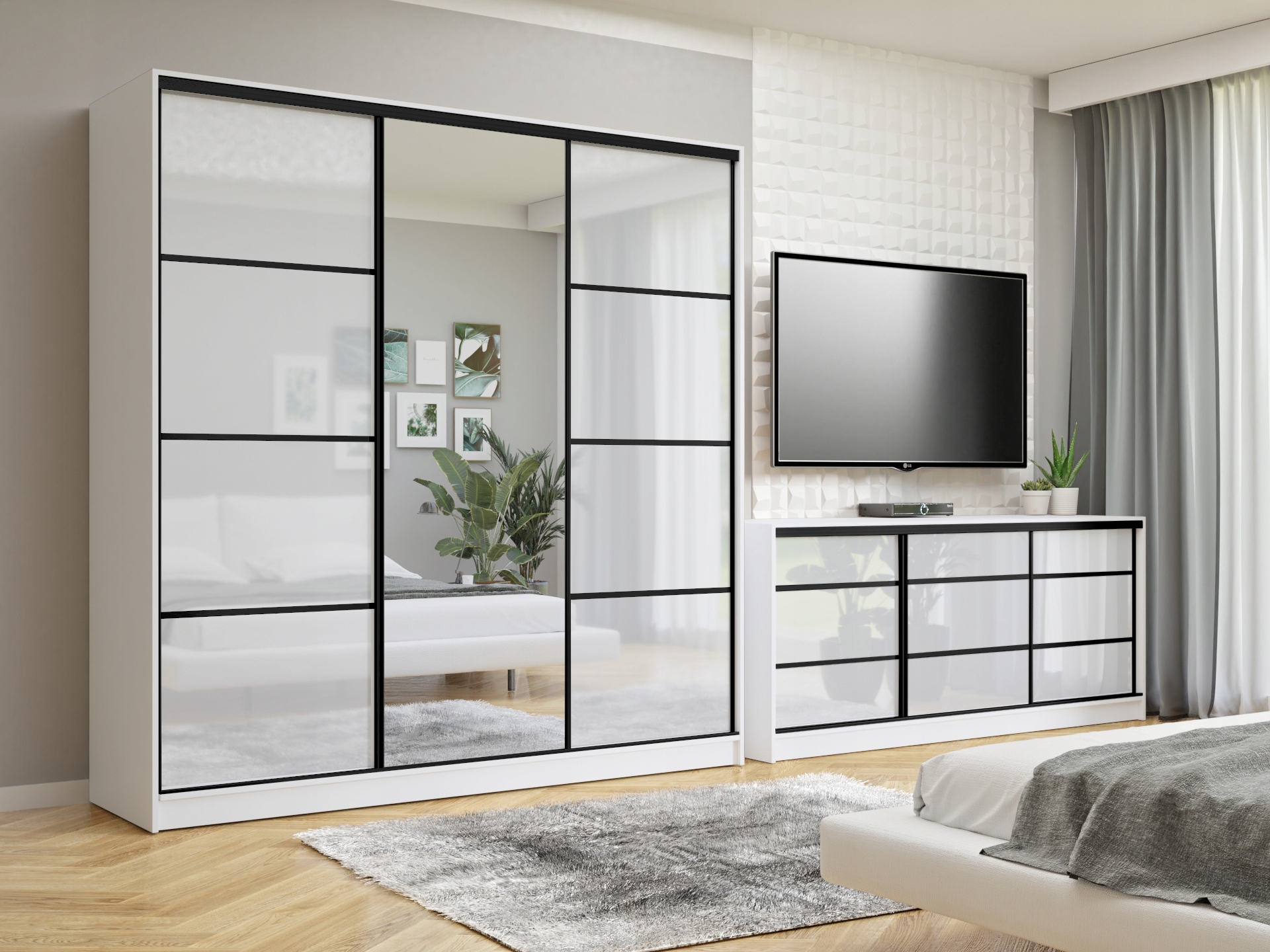 Biała szafa przesuwna z lustrem 280 cm połysk LOFT Głębokość mebla 56 cm