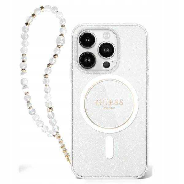 Guess Pouzdro IML Glitter s perleťovým řemínkem pro MagSafe pro iPhone 16 Plus