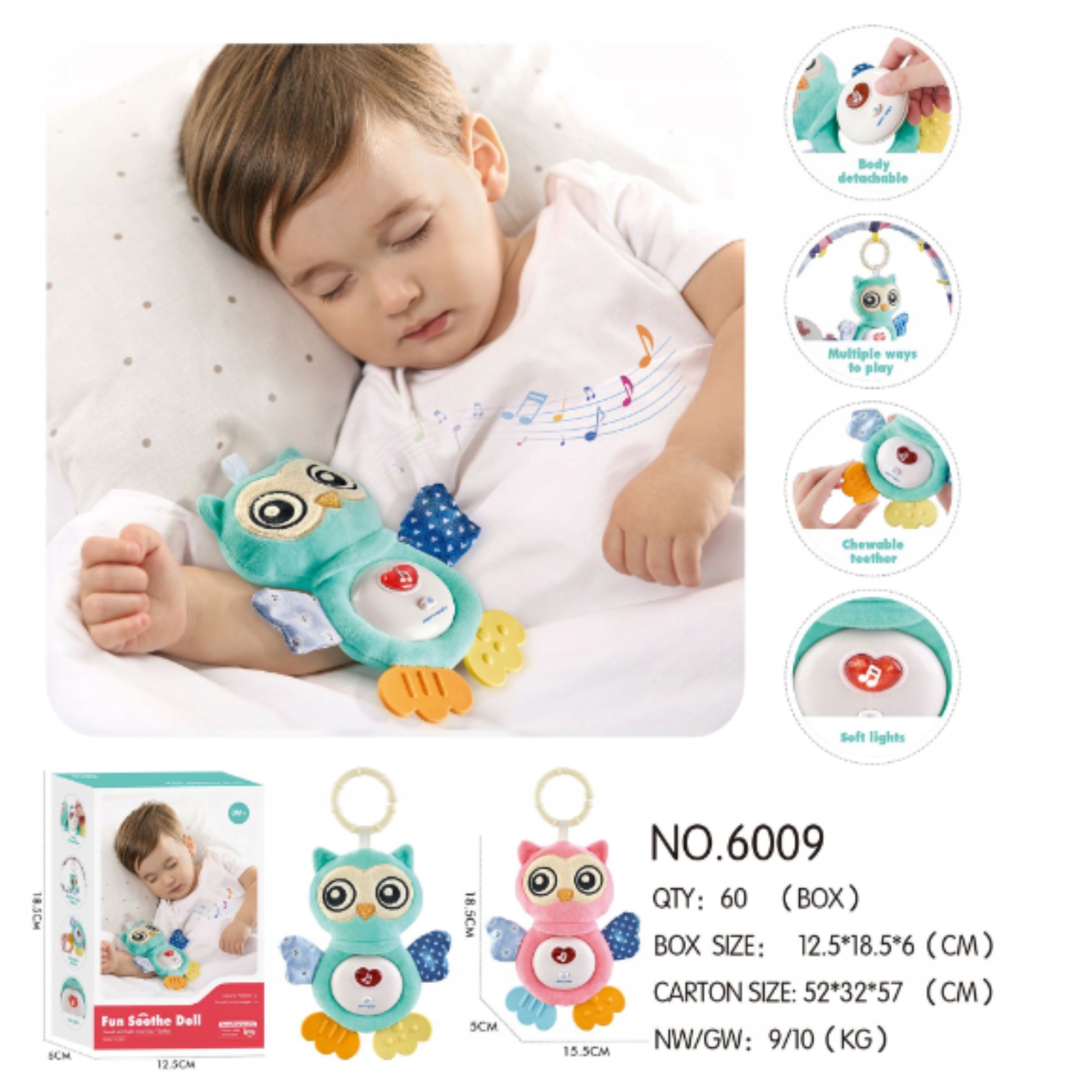 PLUSZOWA SÓWKA SOWA USYPIANKA SZUMIĄCA SENSORYCZNA Materiał tkanina