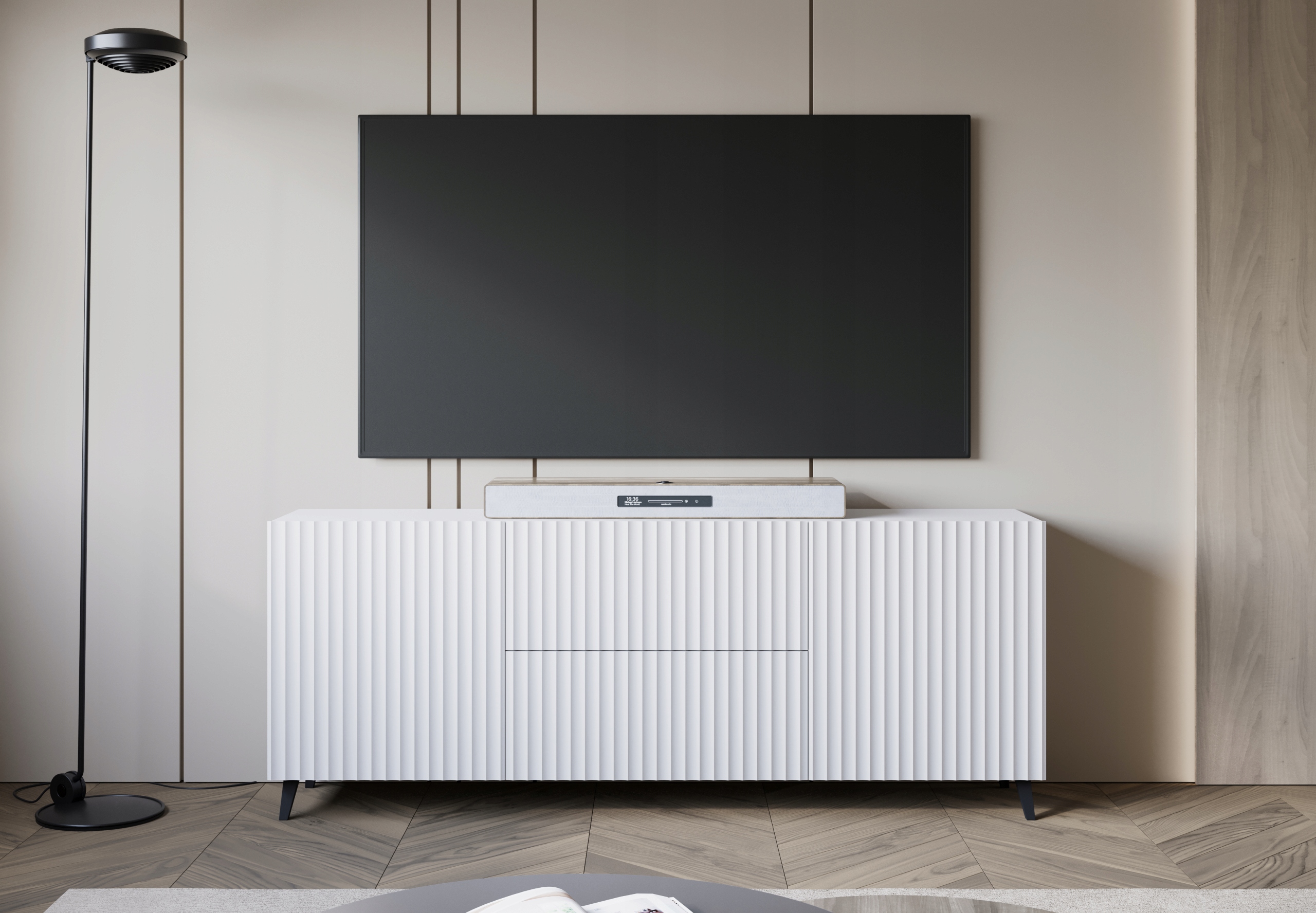 Szafka RTV PHUKET 181 Biała / Ryfle Szerokie Marka KING-Meble