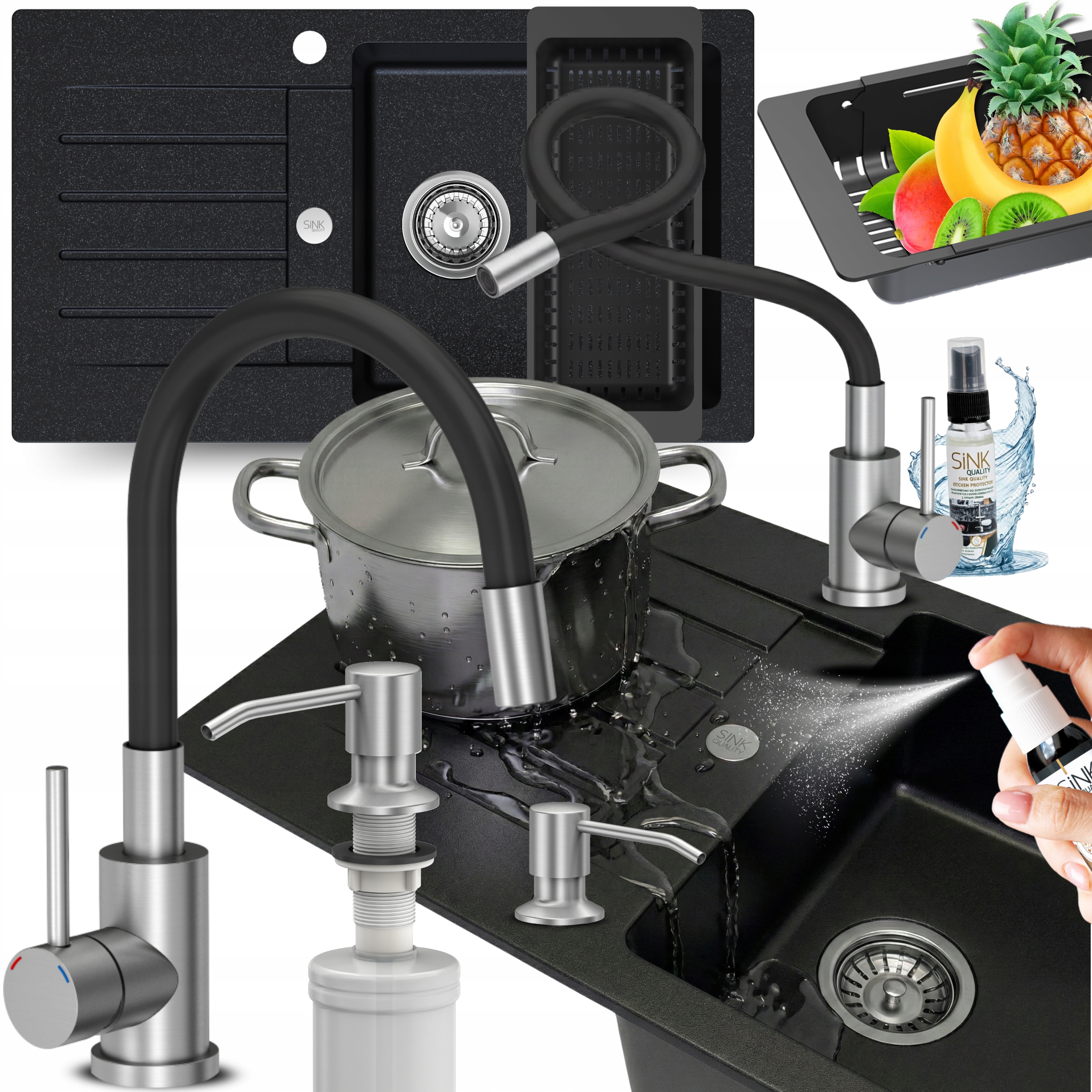 Dřez granitový Jednokomorový S Odkapávačem dřez Černý Metalik 10v1