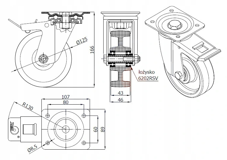 KOŁO TWORZYWOWE fi.125mm DO WÓZKÓW REGAŁÓW MASZYN Kod producenta 25BNWH