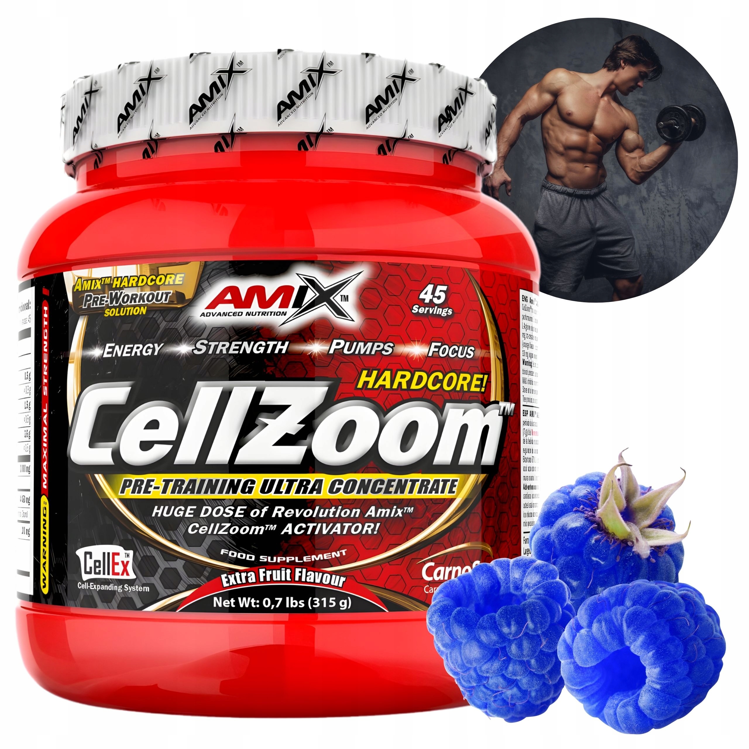 Amix CellZoom Předtréninkový spalovač tuků Modrá malina 315 g