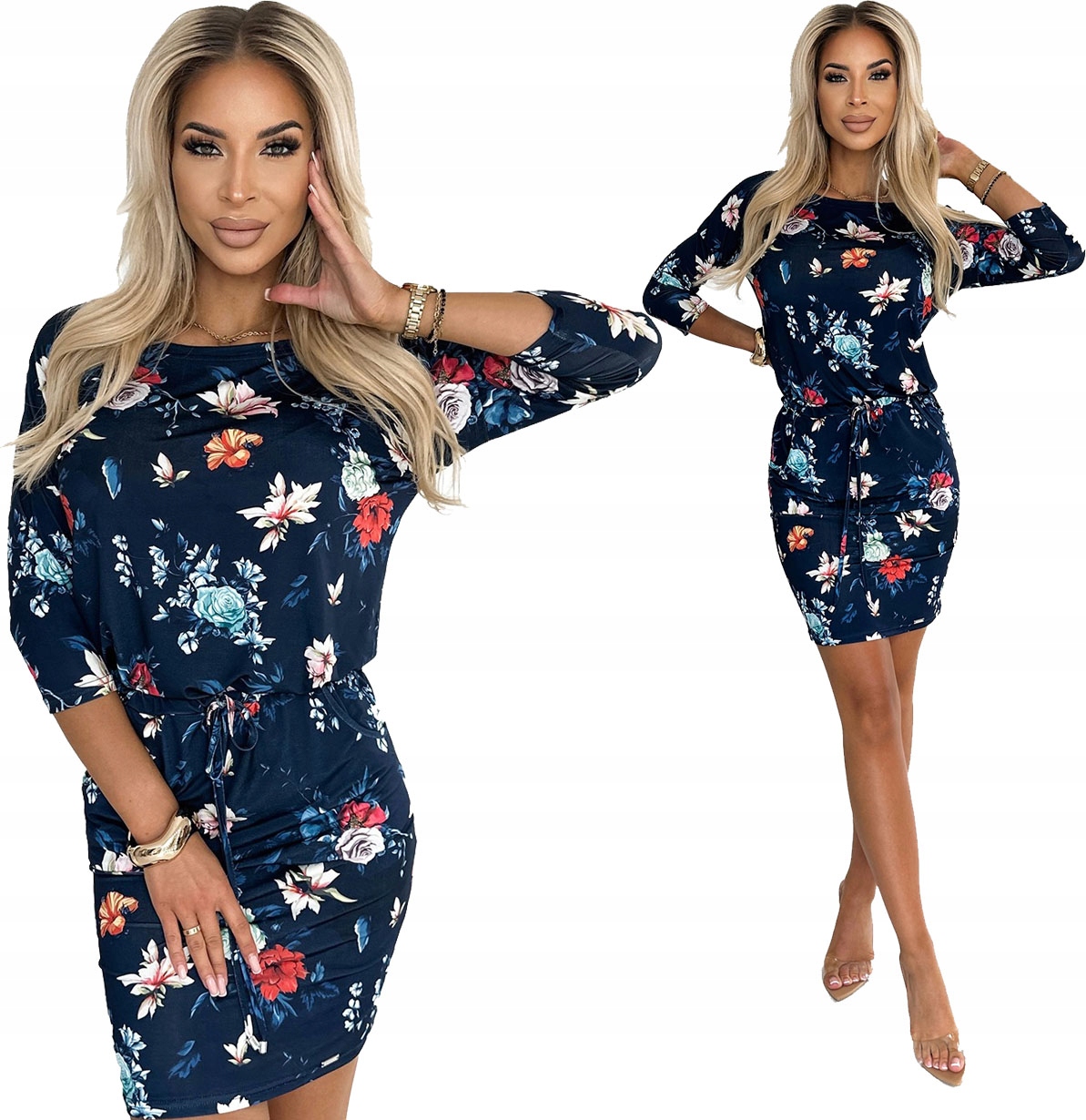 Sportovní Šaty S Kapsami A Zavazováním, 3/4 Rukáv, Modré, Květy, 2XL