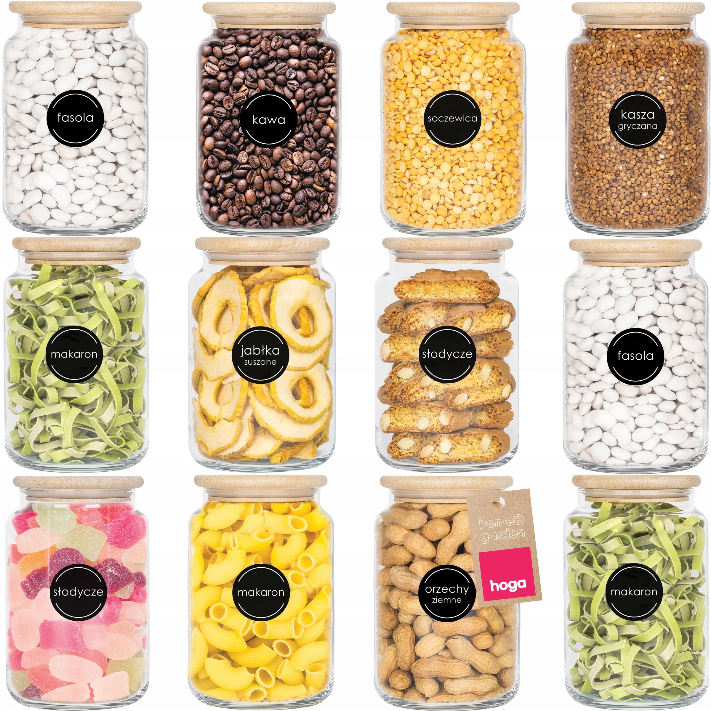 Skleněná Nádoba Na Sypké Výrobky Dřevěné víko 880 ml x 12 etikety