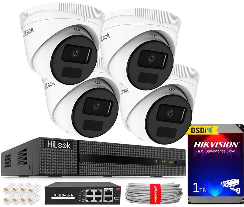 Zestaw Monitoringu Ip HiLook by Hikvisioon 4 Kamery 4MPx PoE Zewnętrzny App