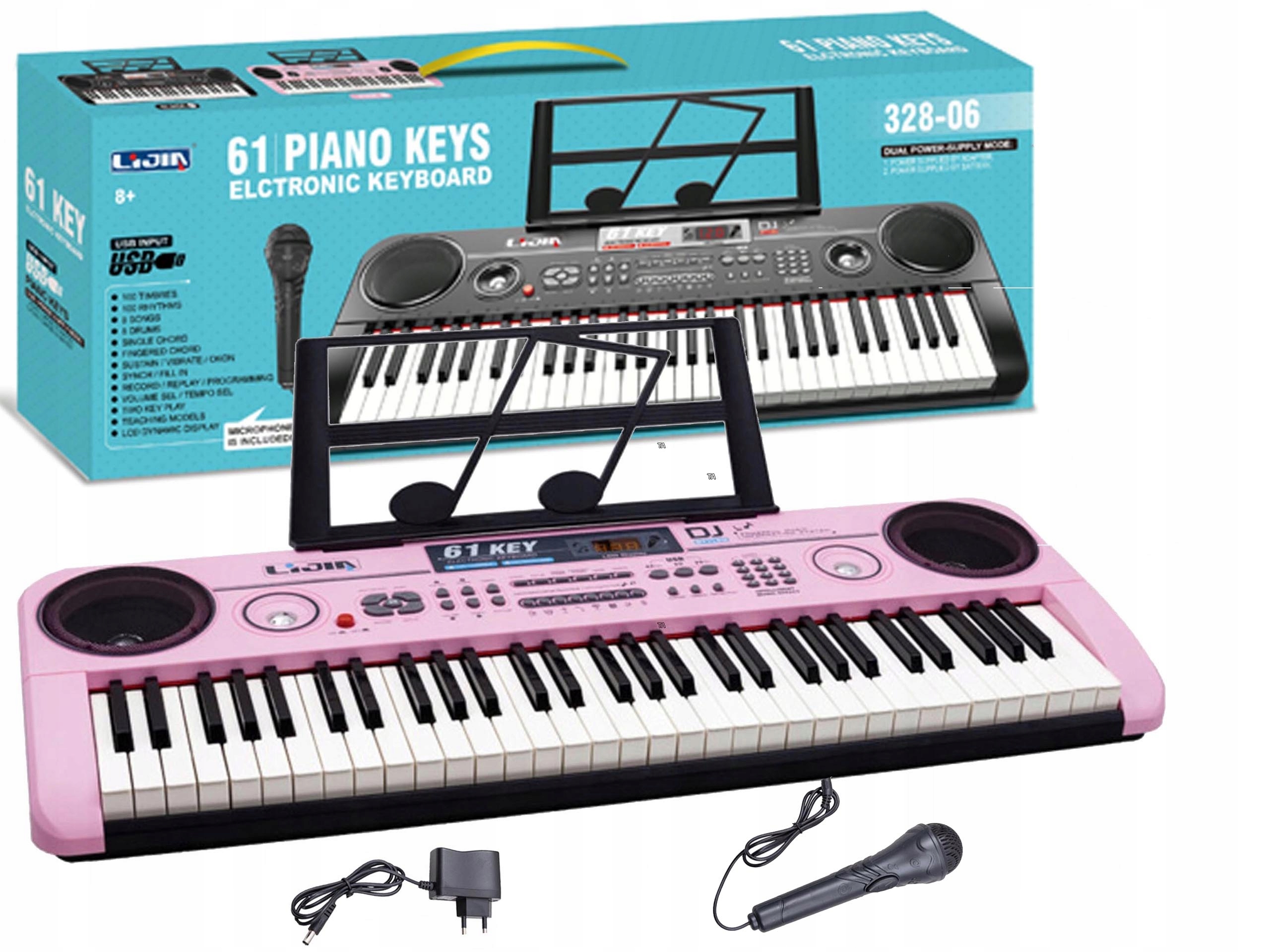 

Różowe Pianinko Organy Keyboard Mikrofon Zasilacz