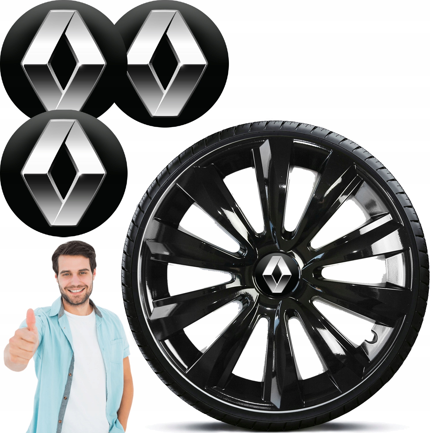 NOWOCZESNE CZARNE KOŁPAKI 15" DO RENAULT + KOMPLET ZNACZKÓW DEKIELKÓW! Emblemat marki Renault