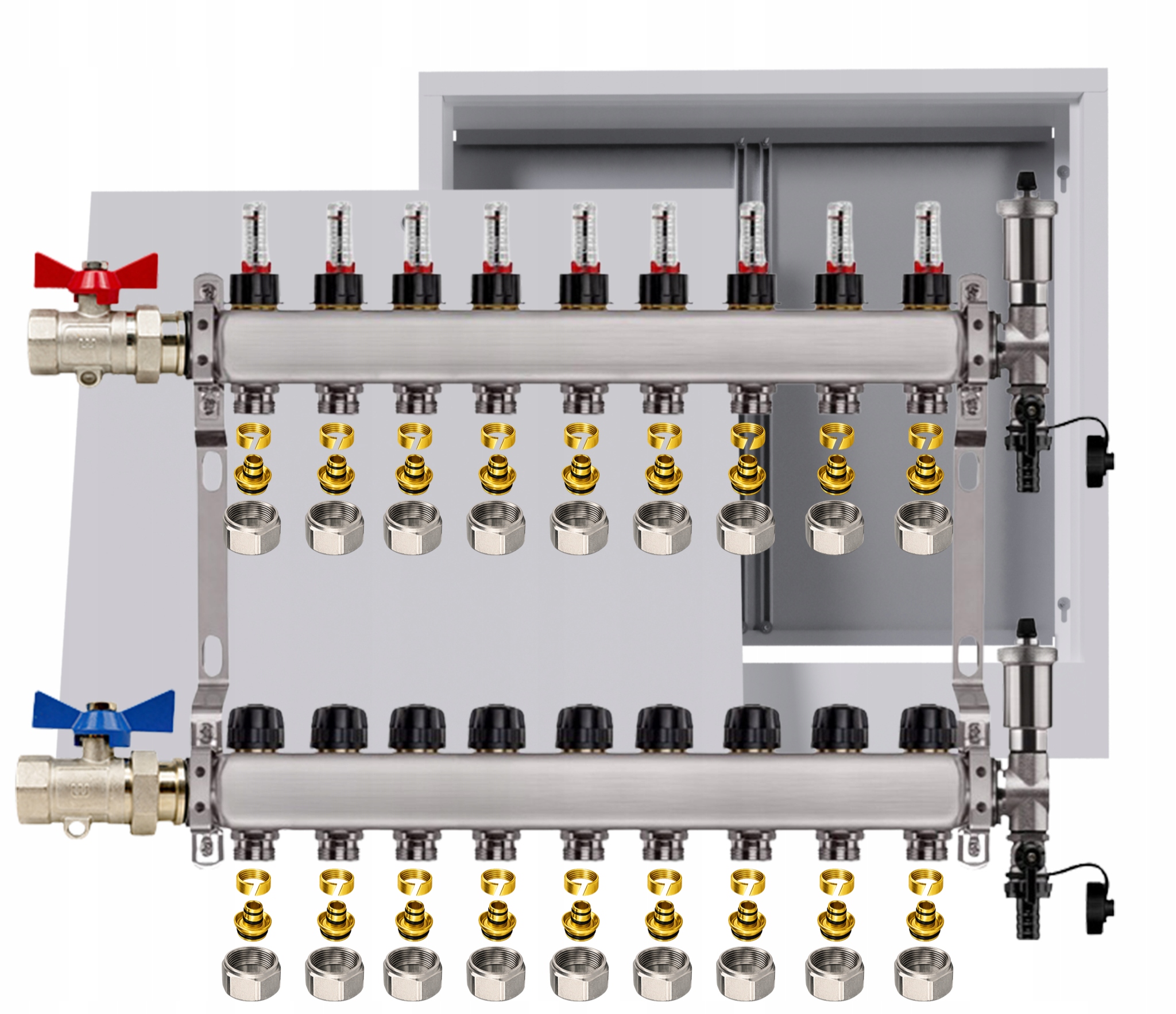 Nerezový rozdělovač pro podlahu 9 okruhů nástěnná skříňka Pex