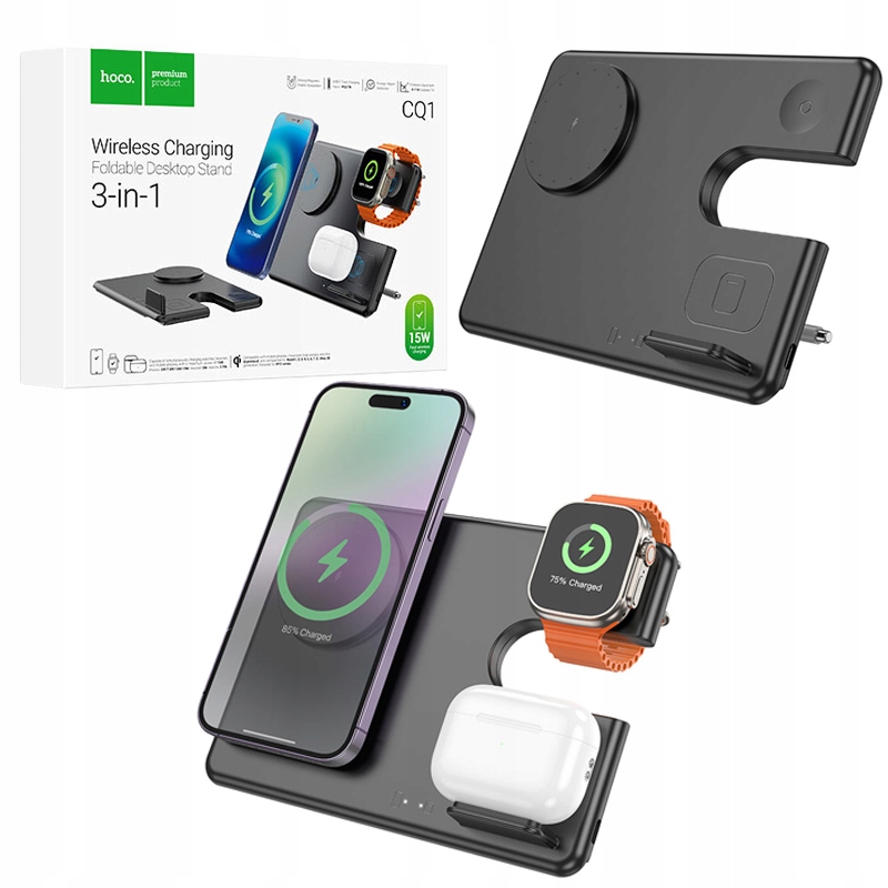 Hoco indukční nabíječka 15W 3v1 pro telefony, sluchátka a Apple Watch