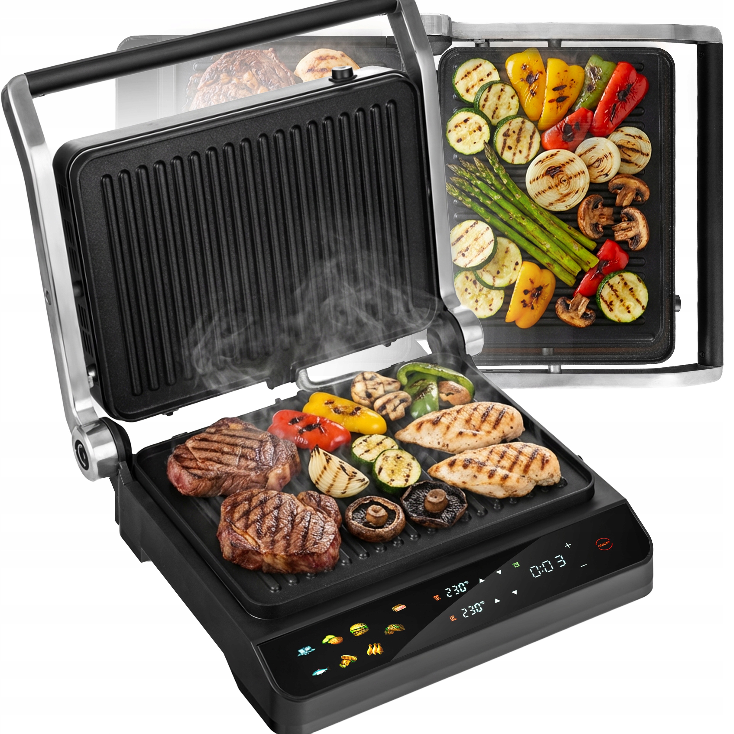 Grill Elektryczny Opiekacz Rozkładany Toster Do Kanapek Panini Timer 2000W
