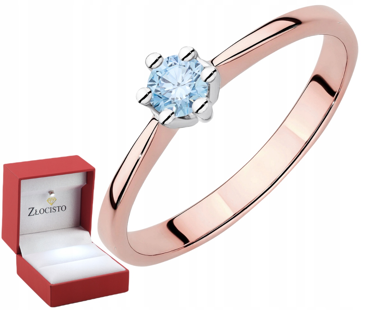 Pierścionek 14K różowe złoto 0,15 ct diament laboratoryjny niebieski