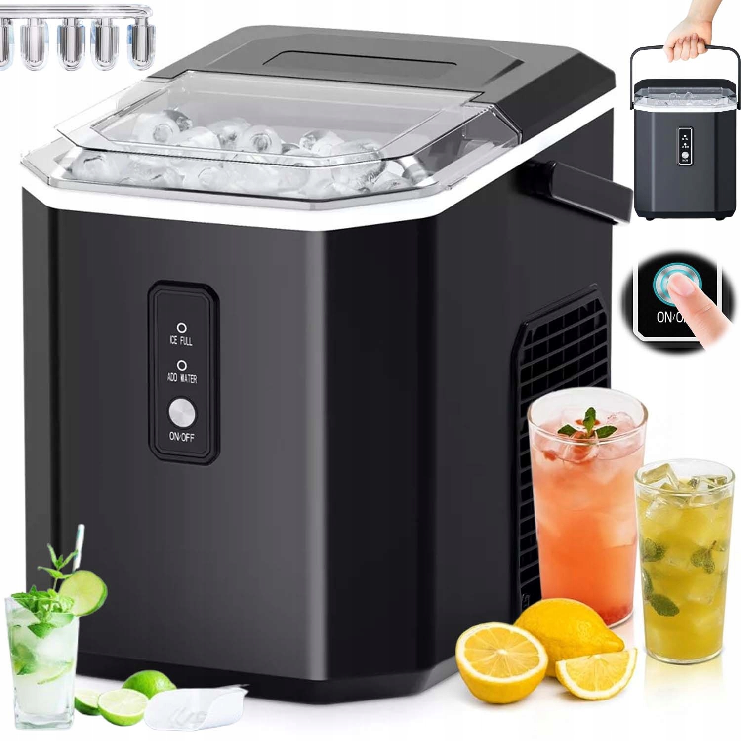 Výrobník Ledu 1,2 L 12 KG/24 H Černý Výkonný Rychlý Led Tichý S LCD 90 W