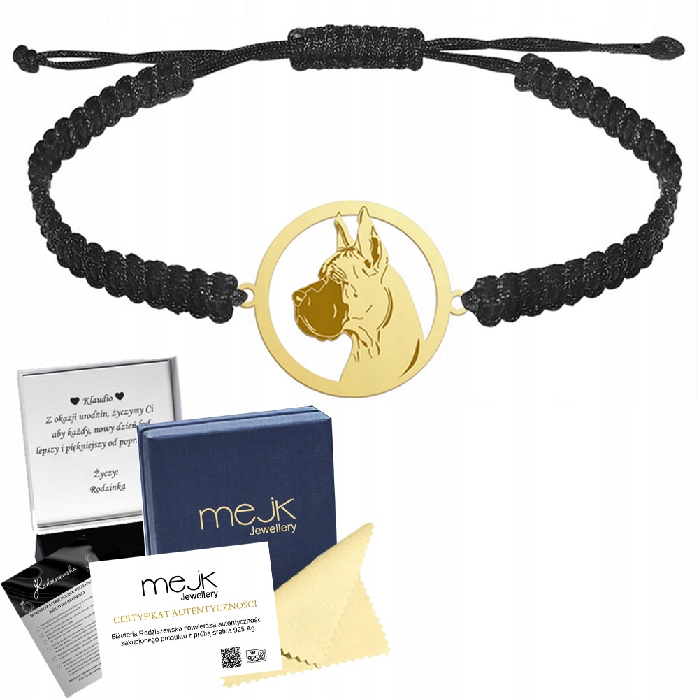 Zlatý náramek se psem Německý pes Makramé 925 Dedikace Gravírování Bonus