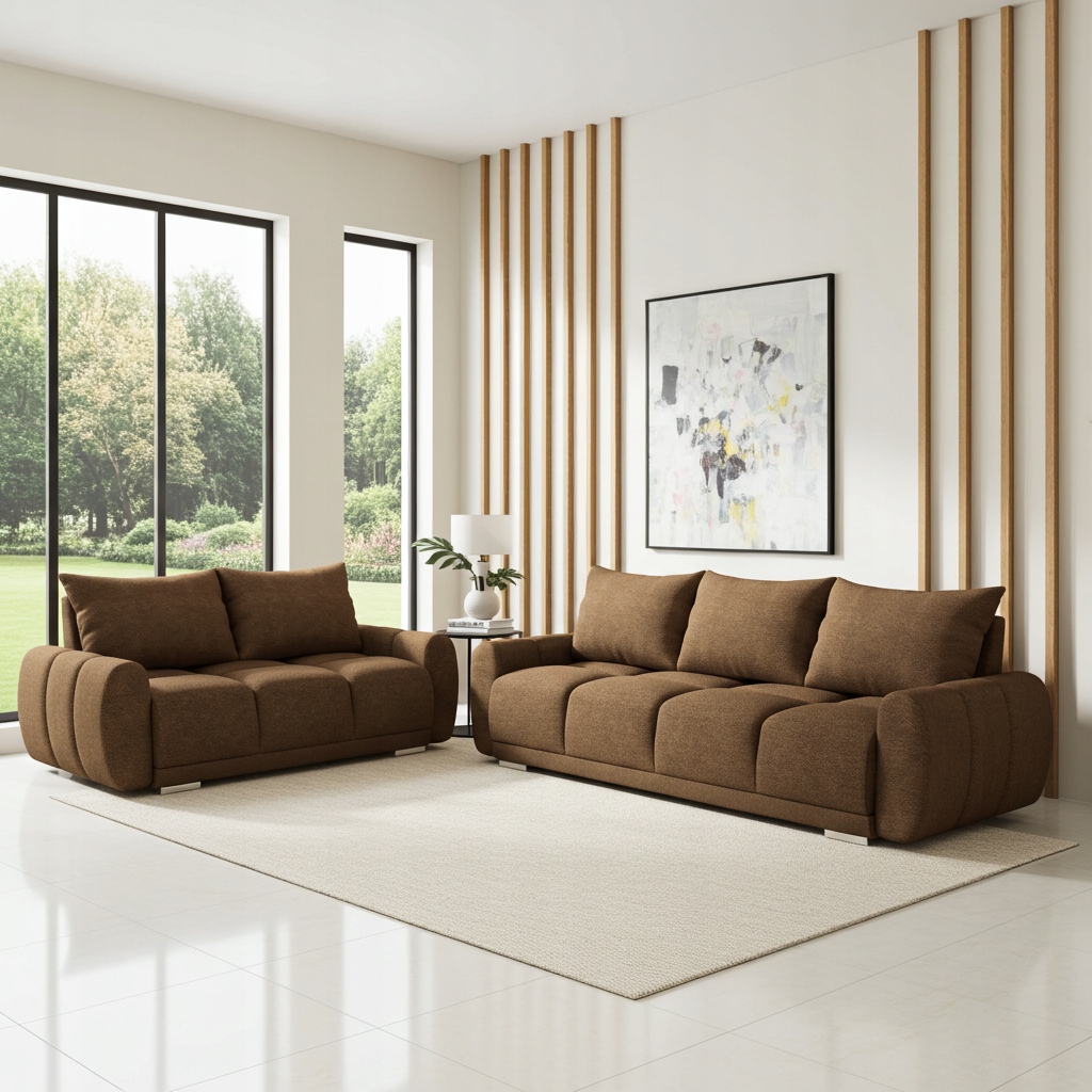 BRĄZOWY KOMPLET 3+2 PIKOWANA KANAPA ROZKŁADANA + DWUOSOBOWA SOFA HONEY