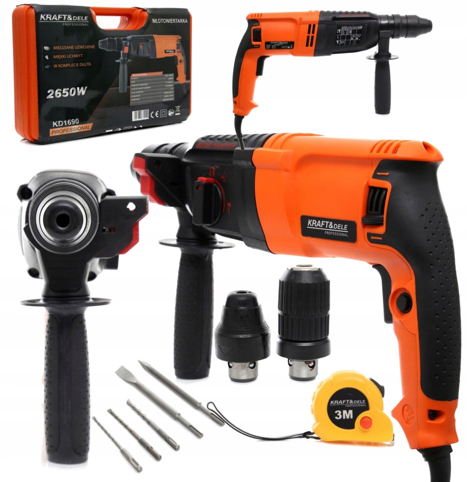 Příklepová Vrtací Kladivo 2650W Sds Plus 2,7J Přídavná Hlava Pro Sekáč
