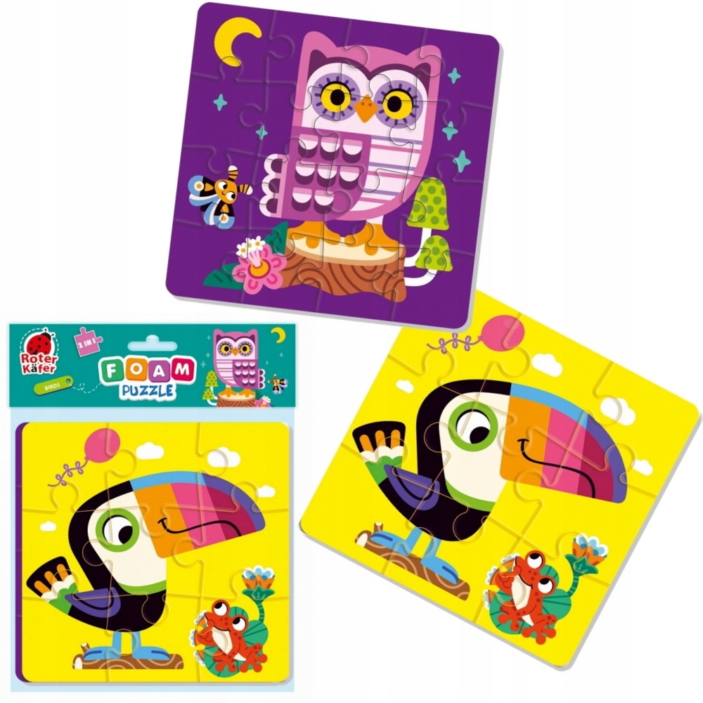 MIĘKKIE PUZZLE PIANKOWE 2W1 SOWA TUKAN ROTER KAFER