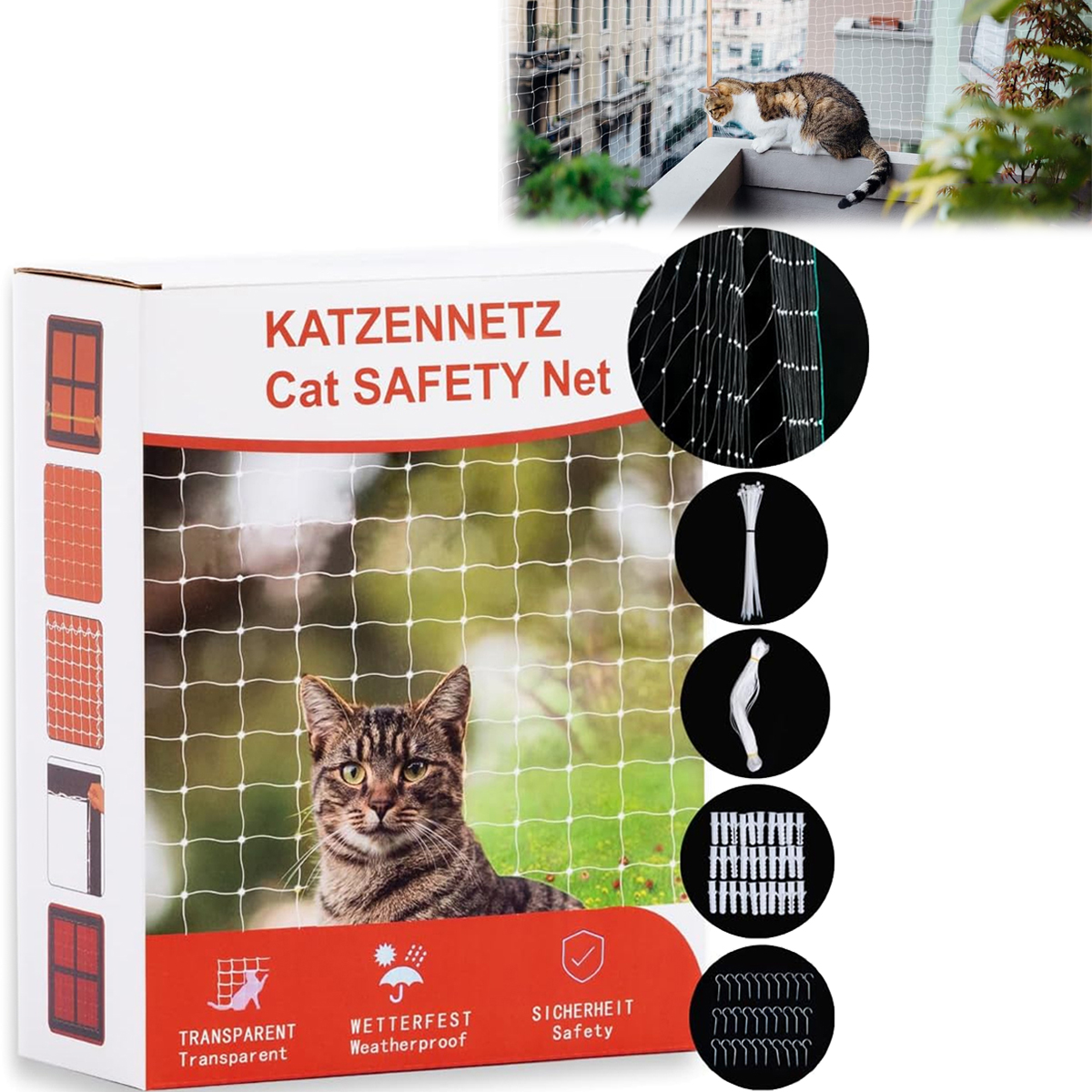Levně 8x3 m Síťka Na Balkon Pro Kočky Bezpečná Bez Vrtání, Vyztužená Sada