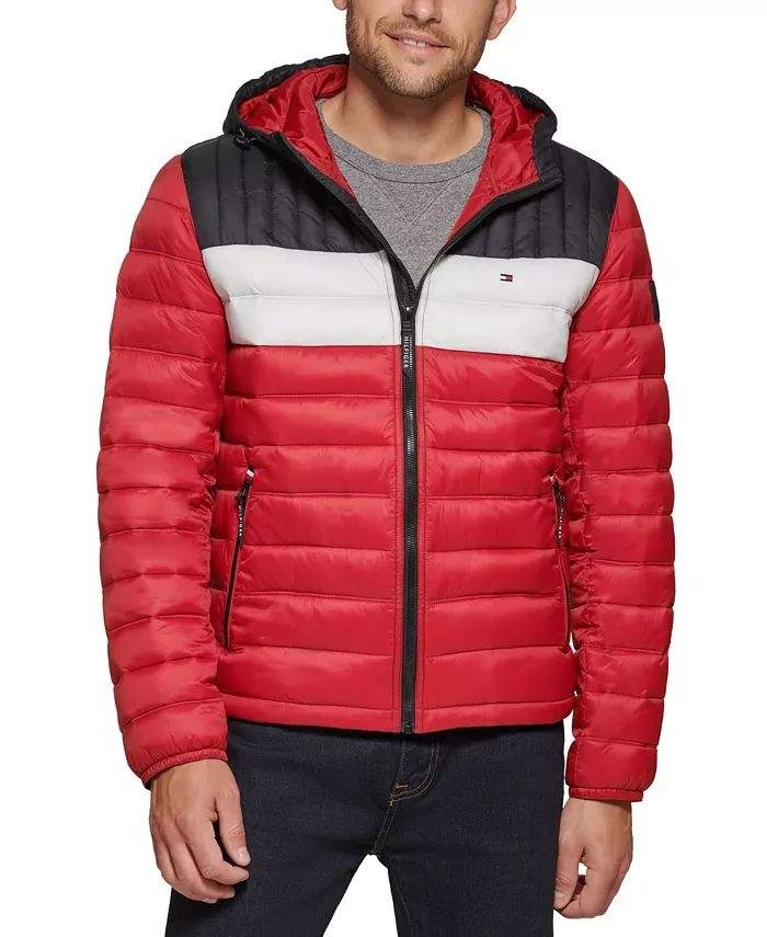 Tommy Hilfiger pikowana zimowa kurtka męska Quilted Color Blocked czerwona L