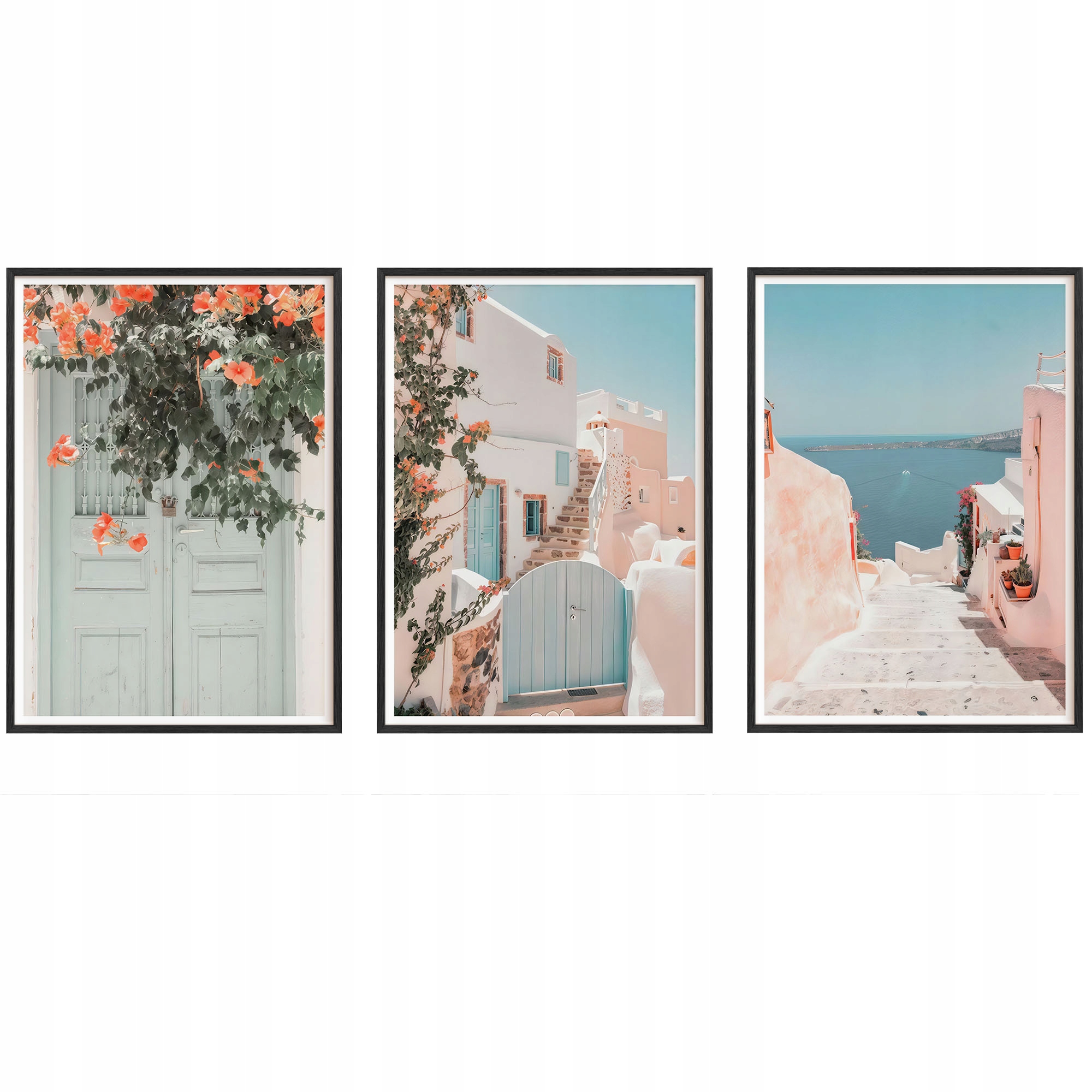 Obrazy Grécko Santorini Ulice Plagáty Drevené rámy Čierne 3ks 30x42cm