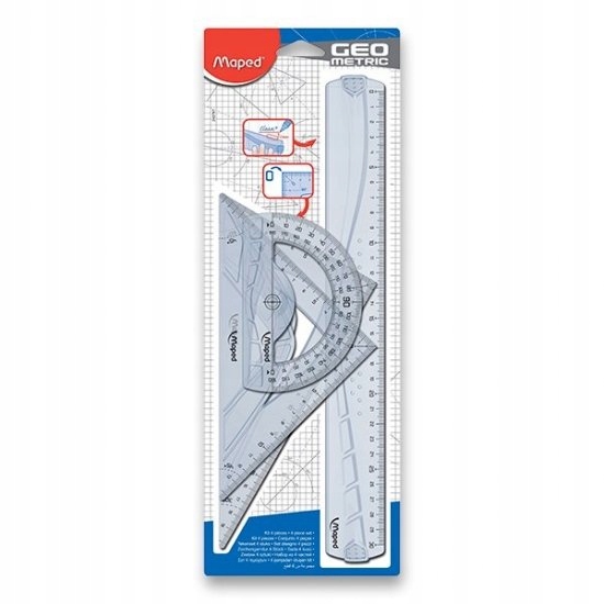 Komplet PRZYBORÓW na MATEMATYKE Geometryczne Przybory do Szkoły Graphic Elementy zestawu ekierka kątomierz linijka