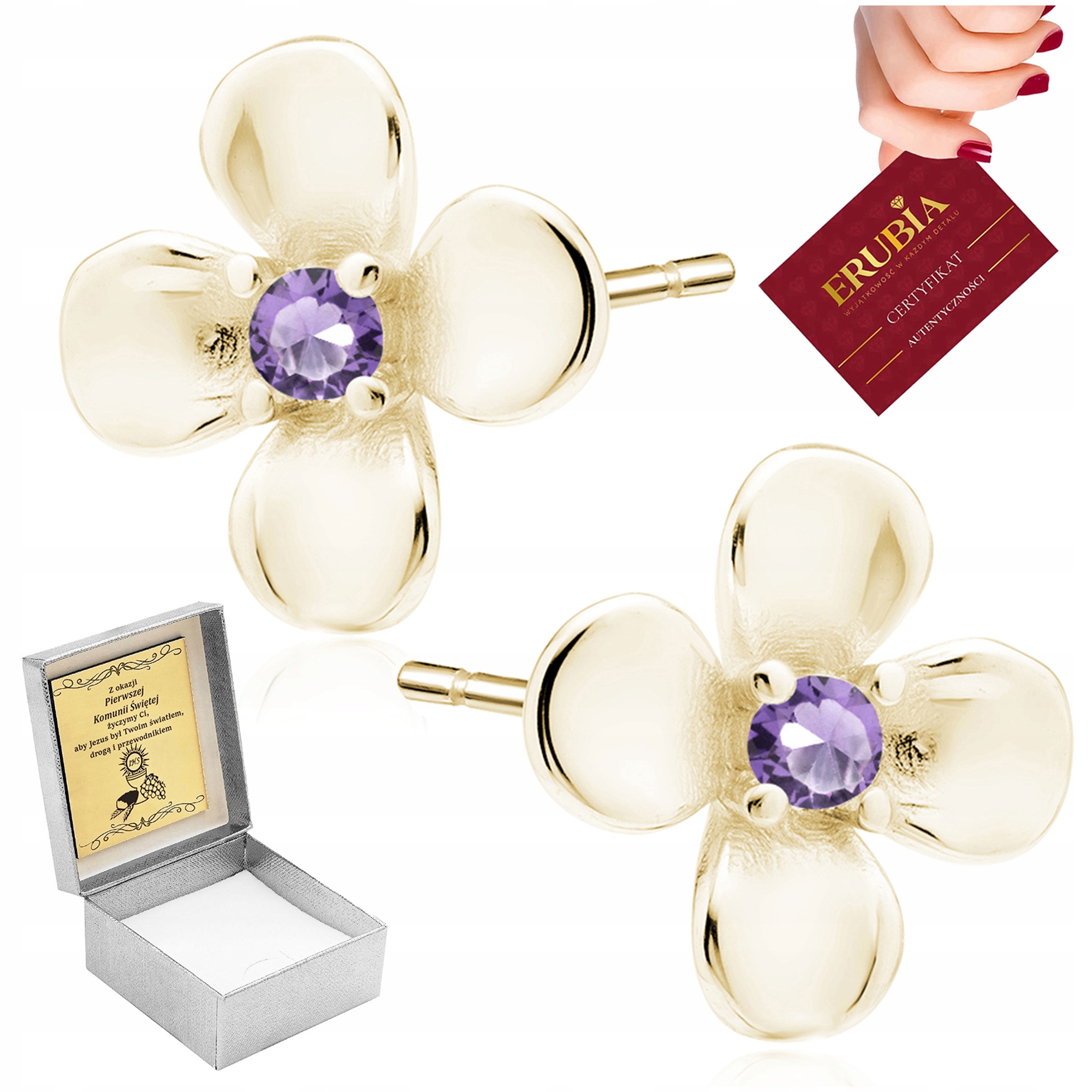 Zlaté Dětské Náušnice Šroubovací Stříbro 925 Fialové Zirkony Gravírování