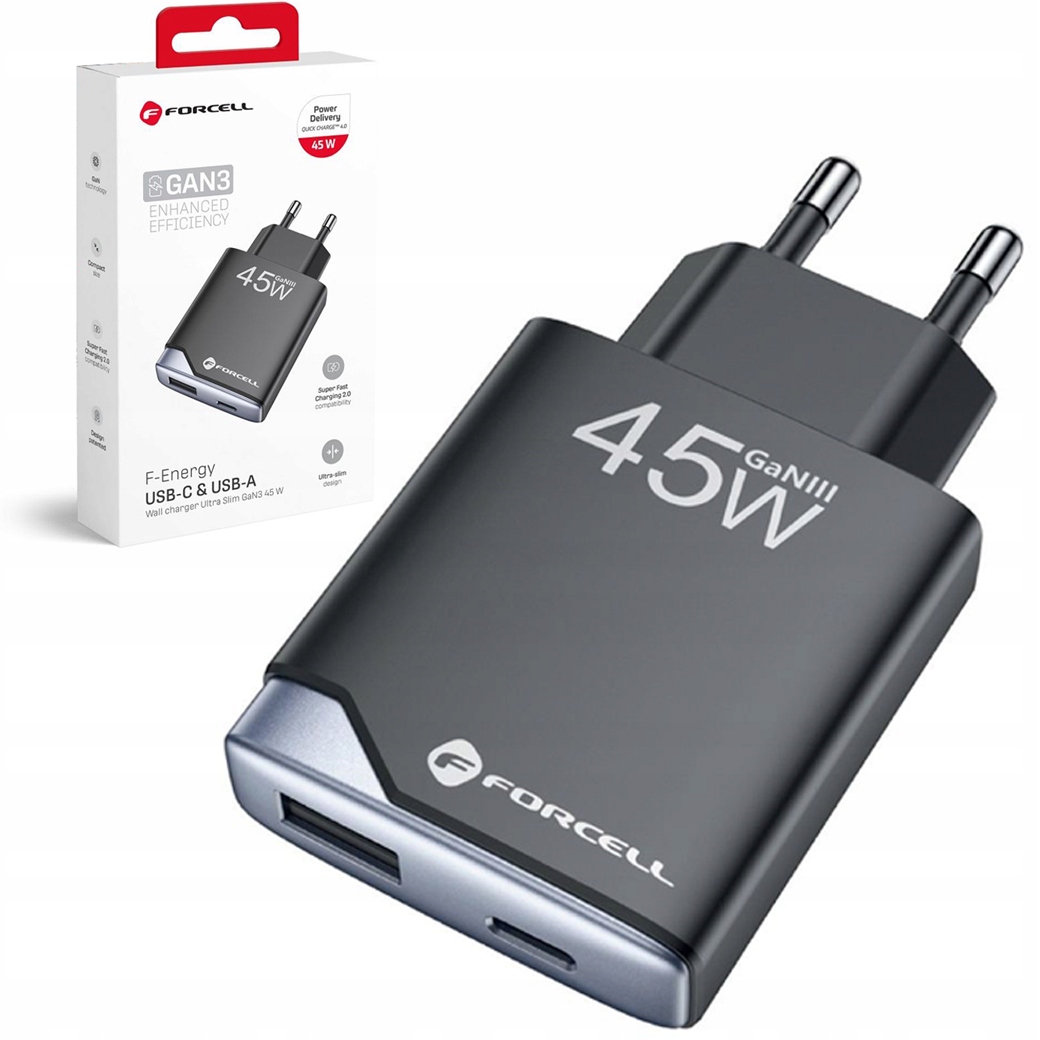 Ładowarka do telefonu Forcell Ultra Slim GaN Usb C+ Usb A Pd QC4.0 3A 45W