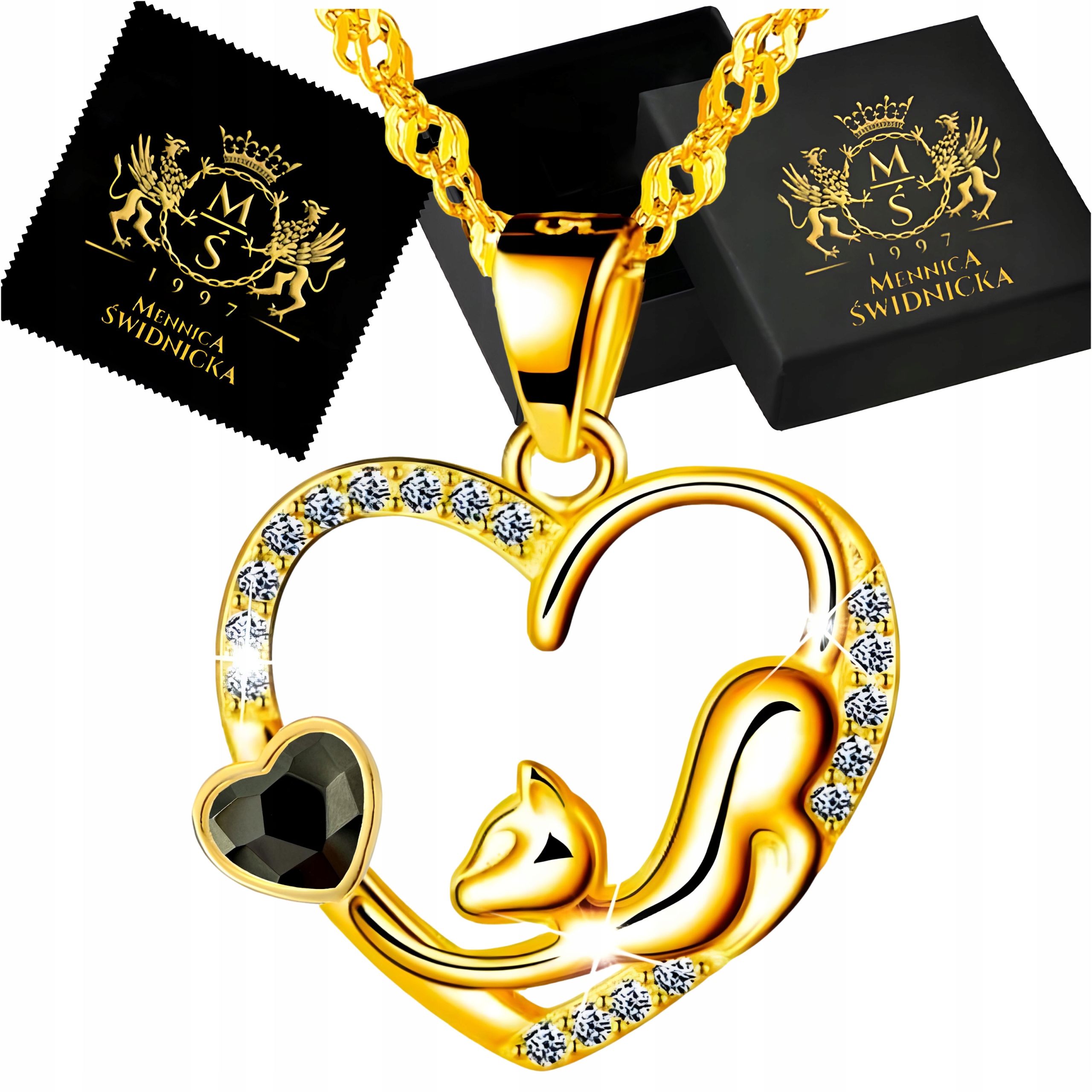 Zlatý náhrdelník Kočka Srdce Stříbro 925 Přívěsek Řetízek Značkové šperky