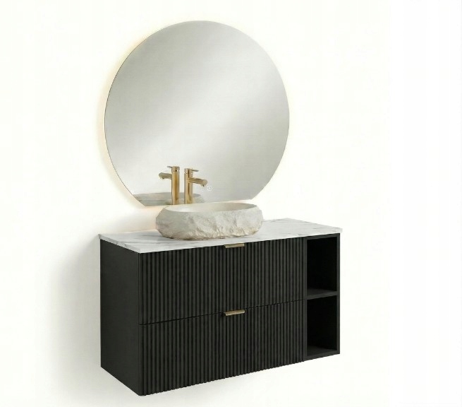 Koupelnová sada 100 cm, černý regál s umyvadlem a Led zrcadlem Willy