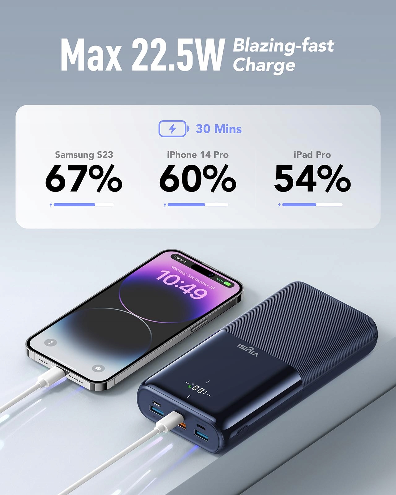 VIYISI Power Bank 20W PD Szybkie Ładowanie USB C LED Wyświetlacz Niebieski — miniatura 3