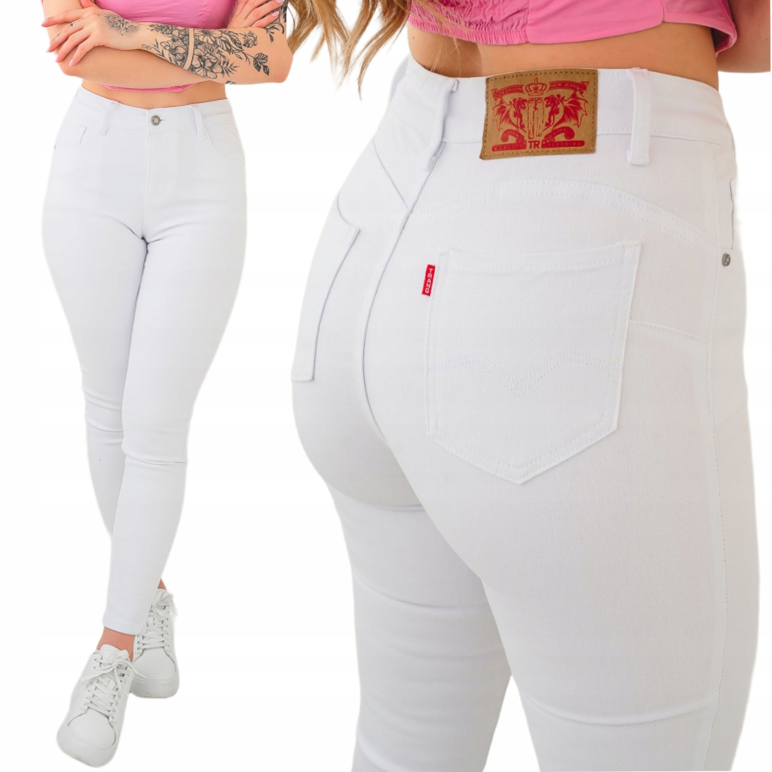 Jeansowe damskie spodnie białe skinny Push Up klasyczne rurki stan L