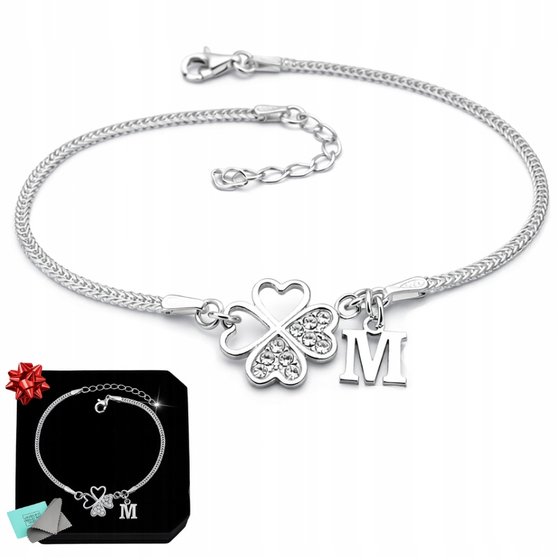 Bransoletka srebrna damska koniczynka z cyrkoniami litera