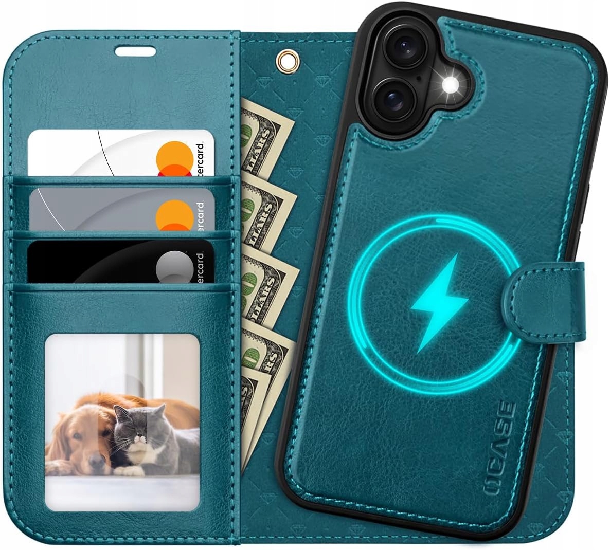 Ocase skórzane etui do iPhone 16 magsafe stojak pawi błękit 2w1 pasek