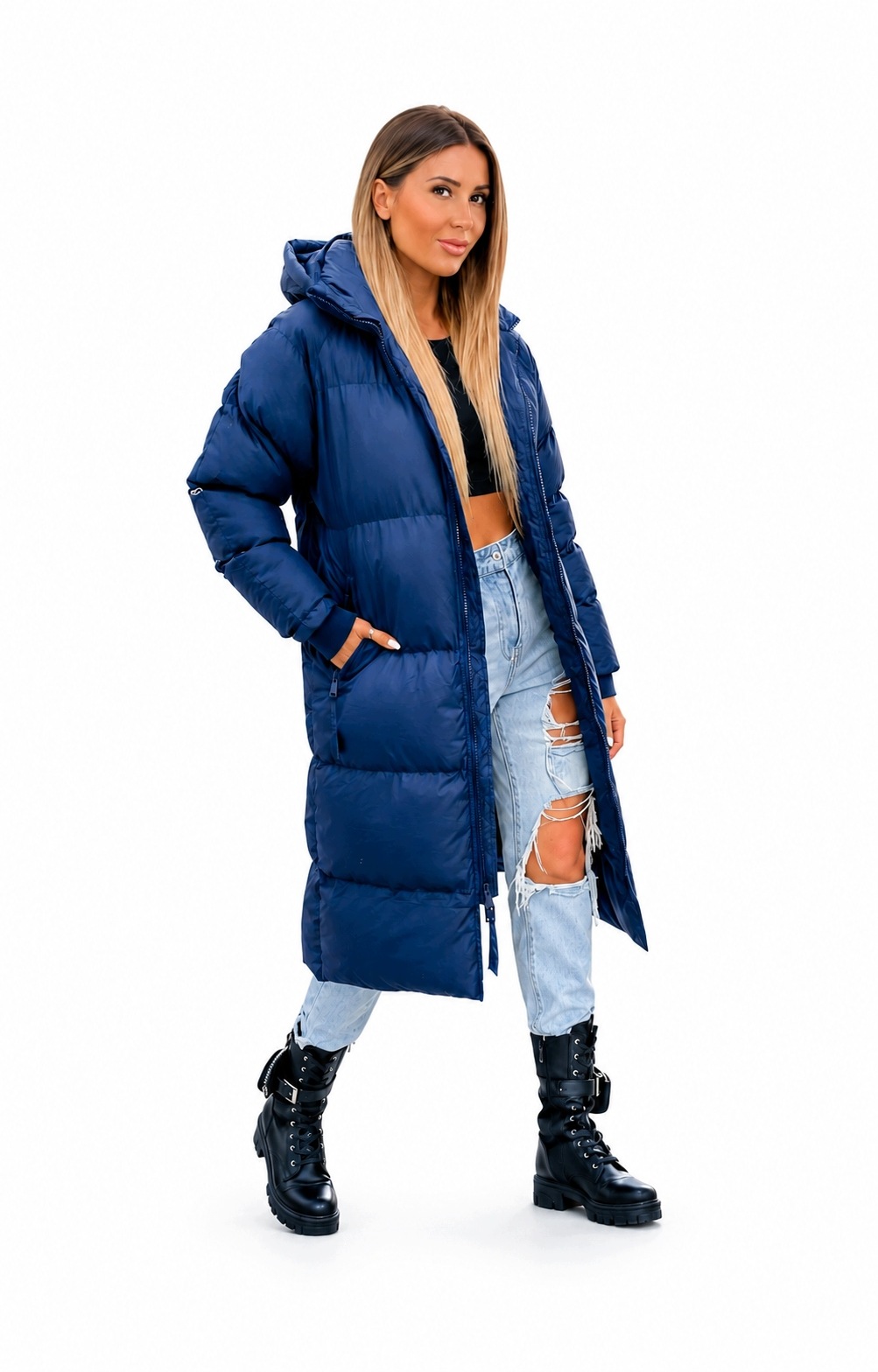0026 Dlouhá, silná dámská zimní bunda Oversize s rozepínacími boky Námořnická Modrá L
