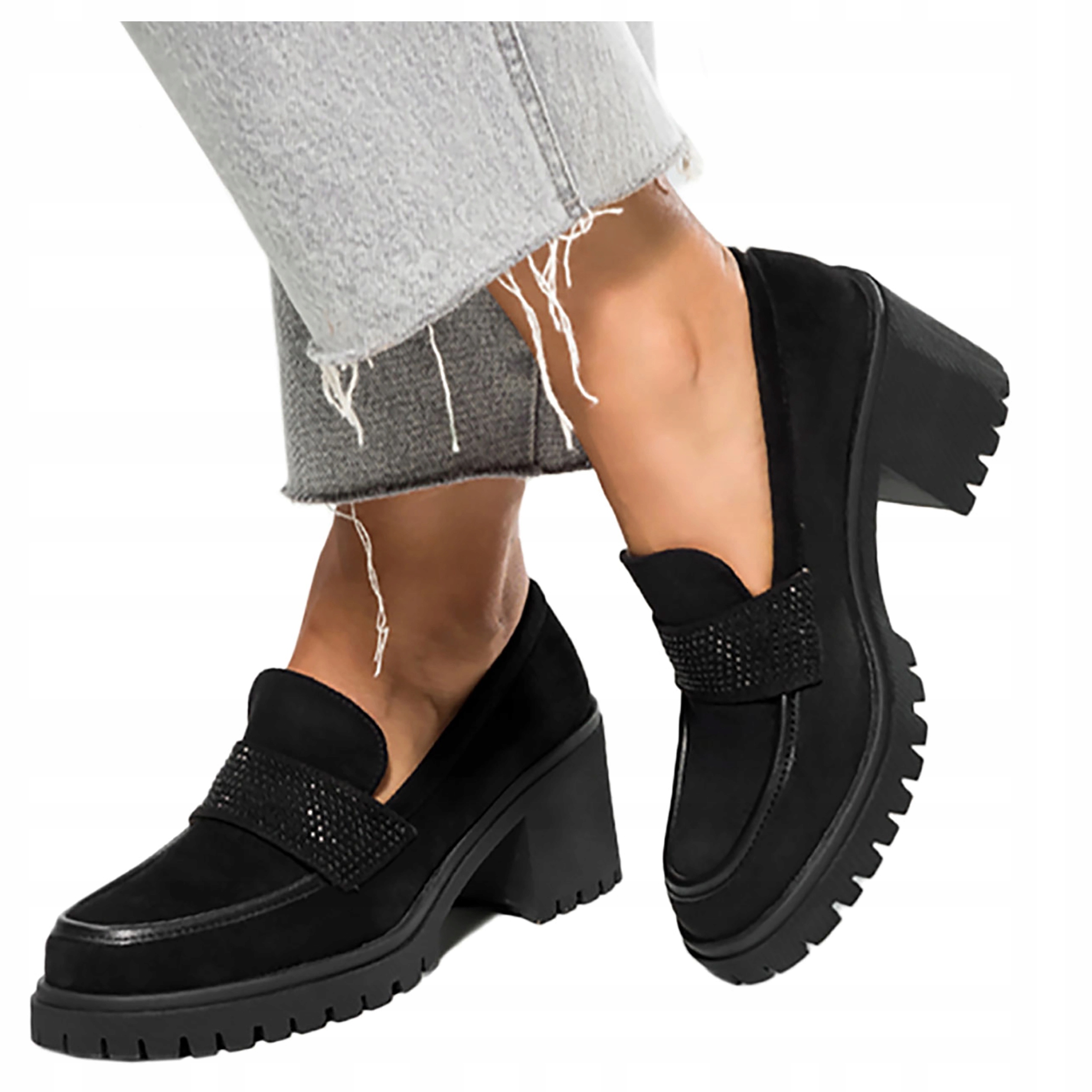 Dámské černé mokasíny na širokém podpatku s ozdobným Pásek s zirkony, velikost 39