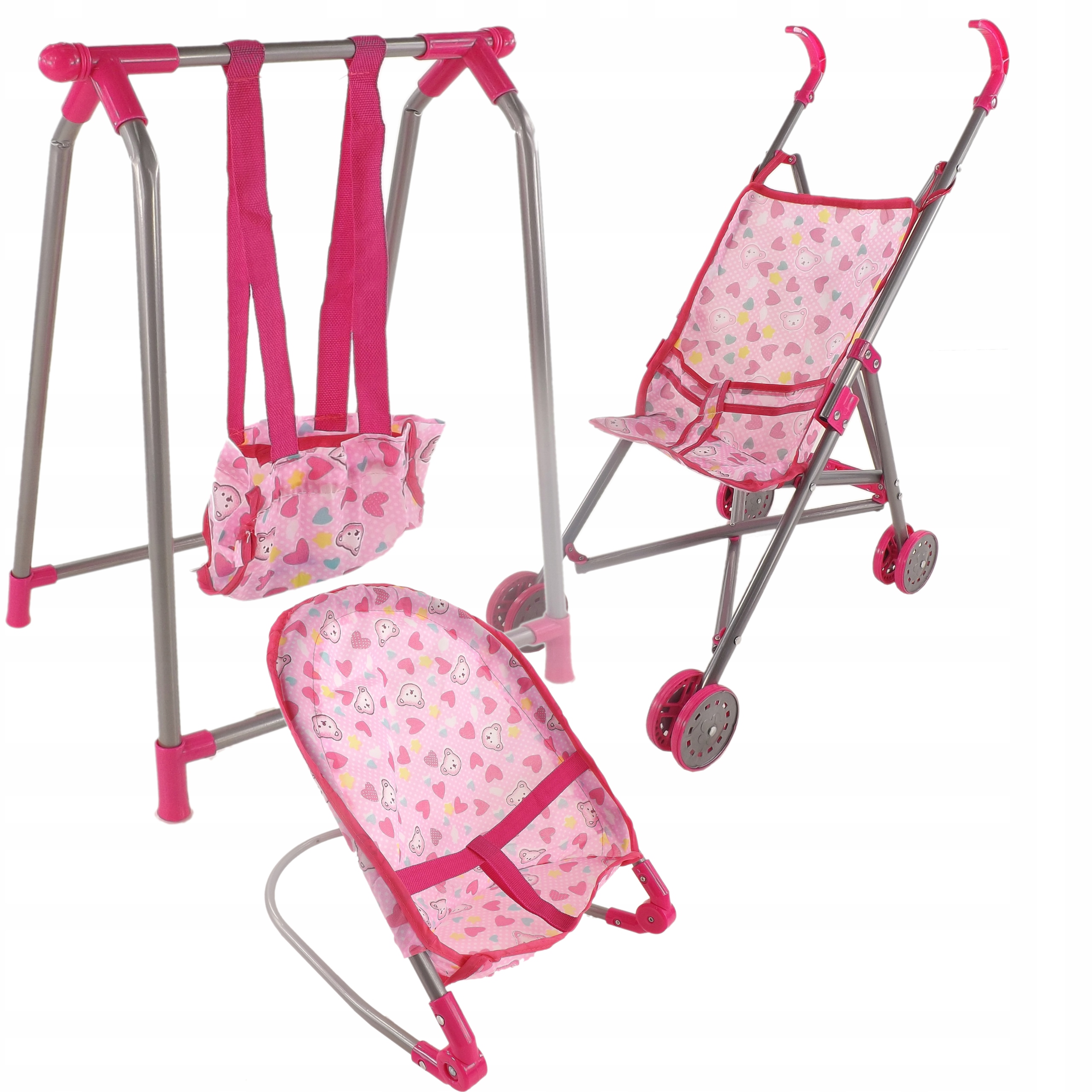 ZESTAW 3W1 DLA LALKI WÓZEK BUJACZEK HUŚTAWKA 8848 Seria WÓZEK  BUJACZEK HUŚTAWKA