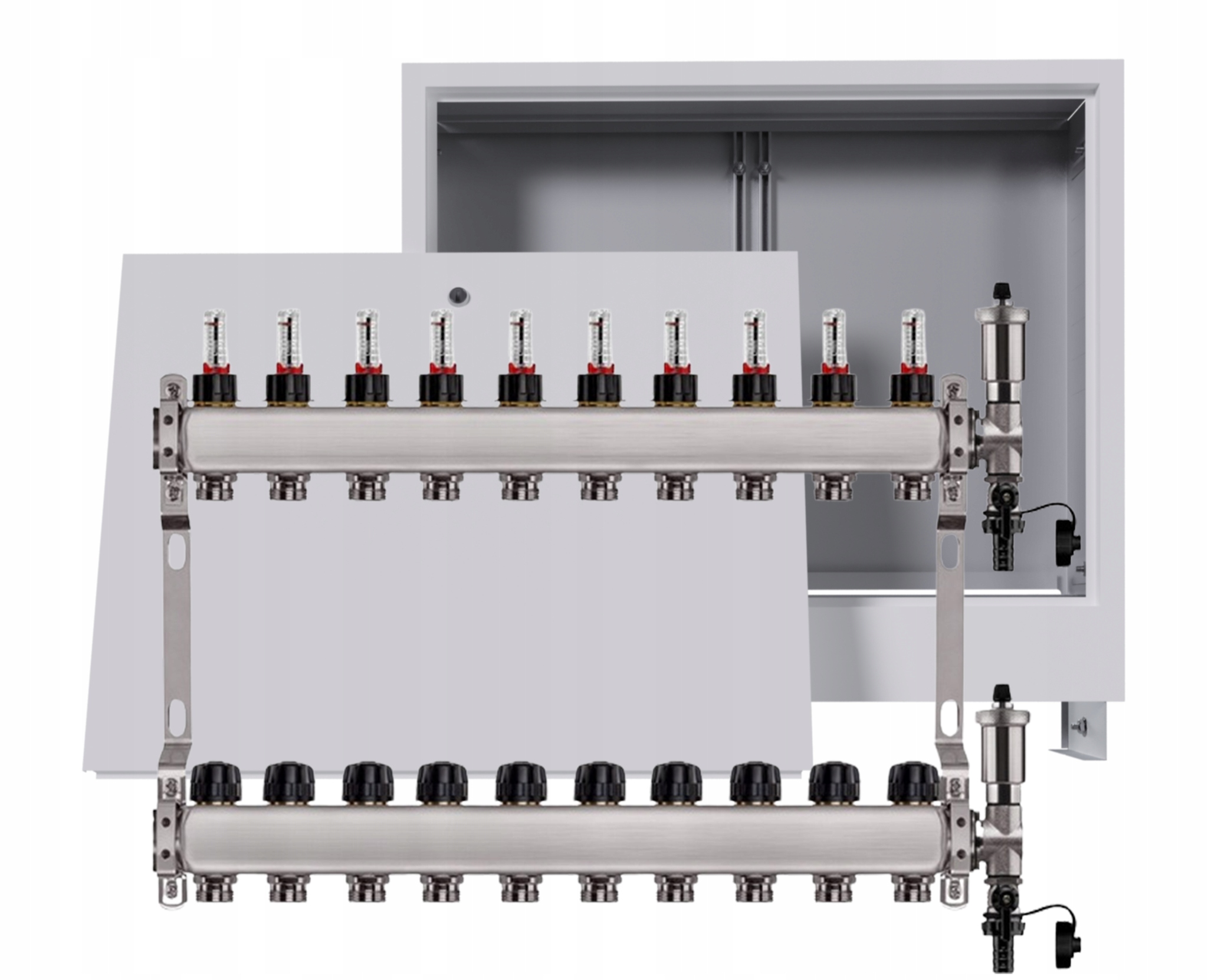 Nerezový rozdělovač pro podlahovku 10 okruhů s podomítkovou schránkou, bílý