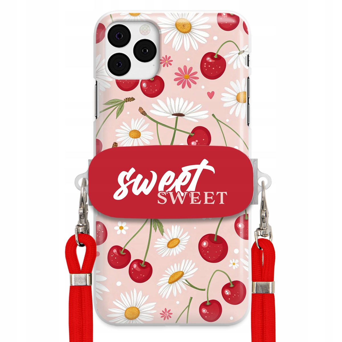 Pouzdro pro iPhone 11 Pro Červené vodítko držák Crossbody Sweet Višňový Květ