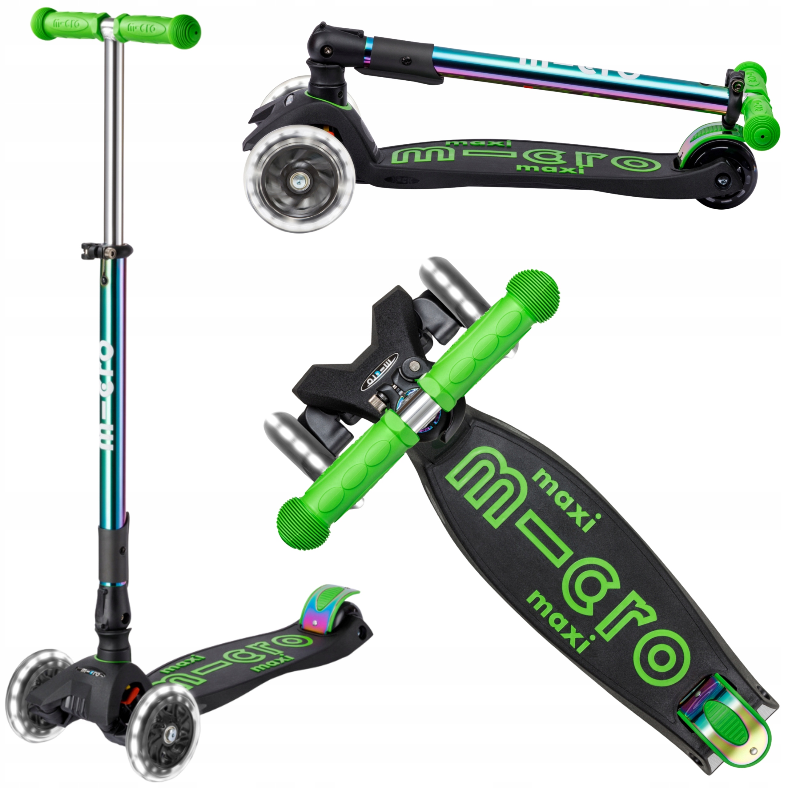 Hulajnoga Trójkołowa Składana dla Dzieci Koła Led Micro Maxi Deluxe Zieleń