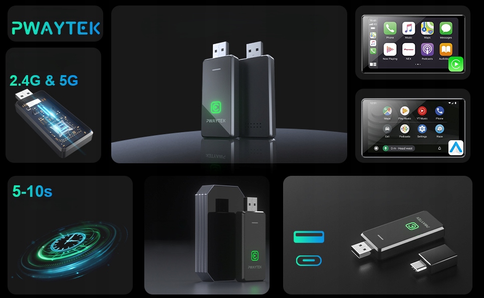 Bezprzewodowy Adapter 2w1 Apple CarPlay i Android Auto WiFi 2,4 G / 5,8 GHz Zawiera baterie nie