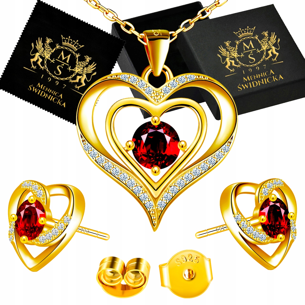 Komplet Biżuterii Złoty srebro 925 Serce z Cyrkoniami Łańcuszek Kolczyki
