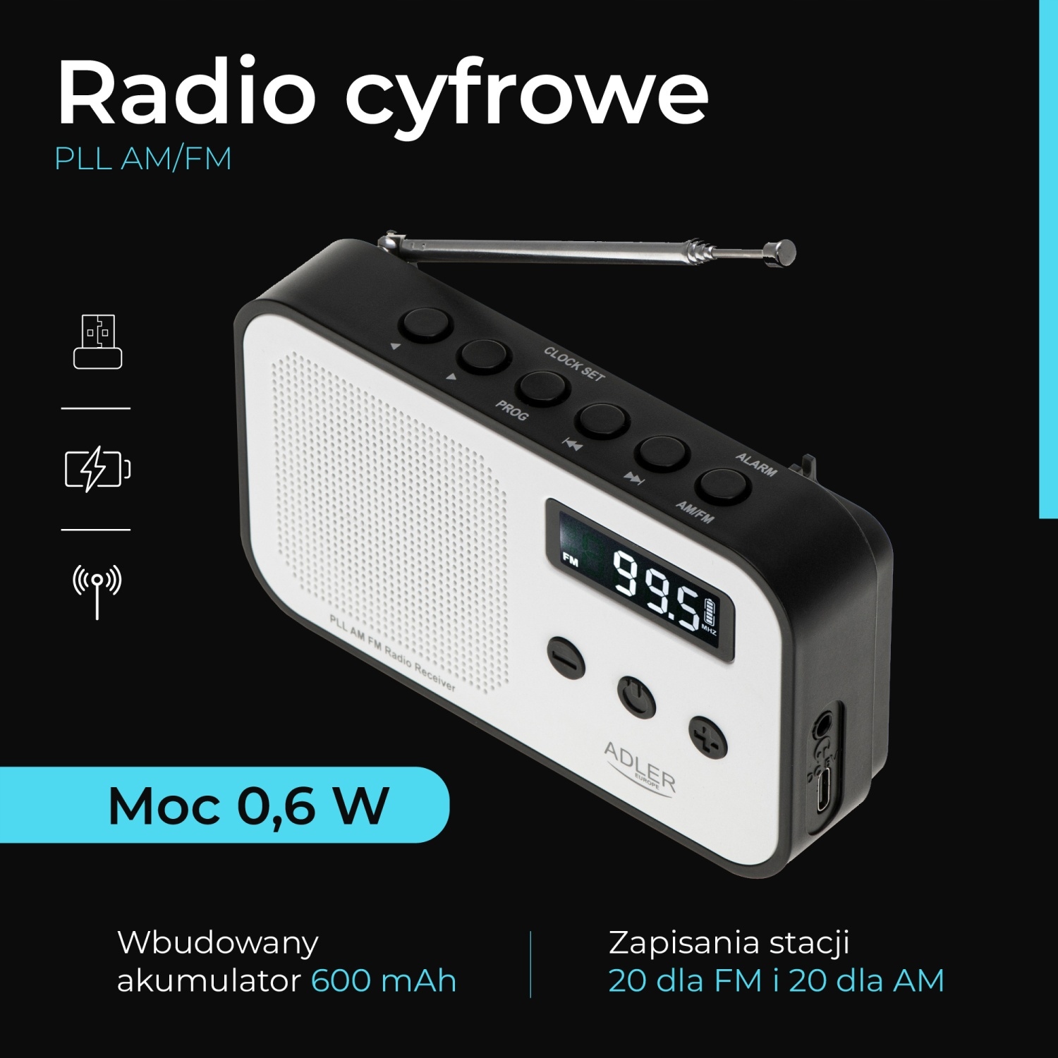 Radio Cyfrowe PLL AM/FM AD 1907 - Zegar, Budzik, USB-C