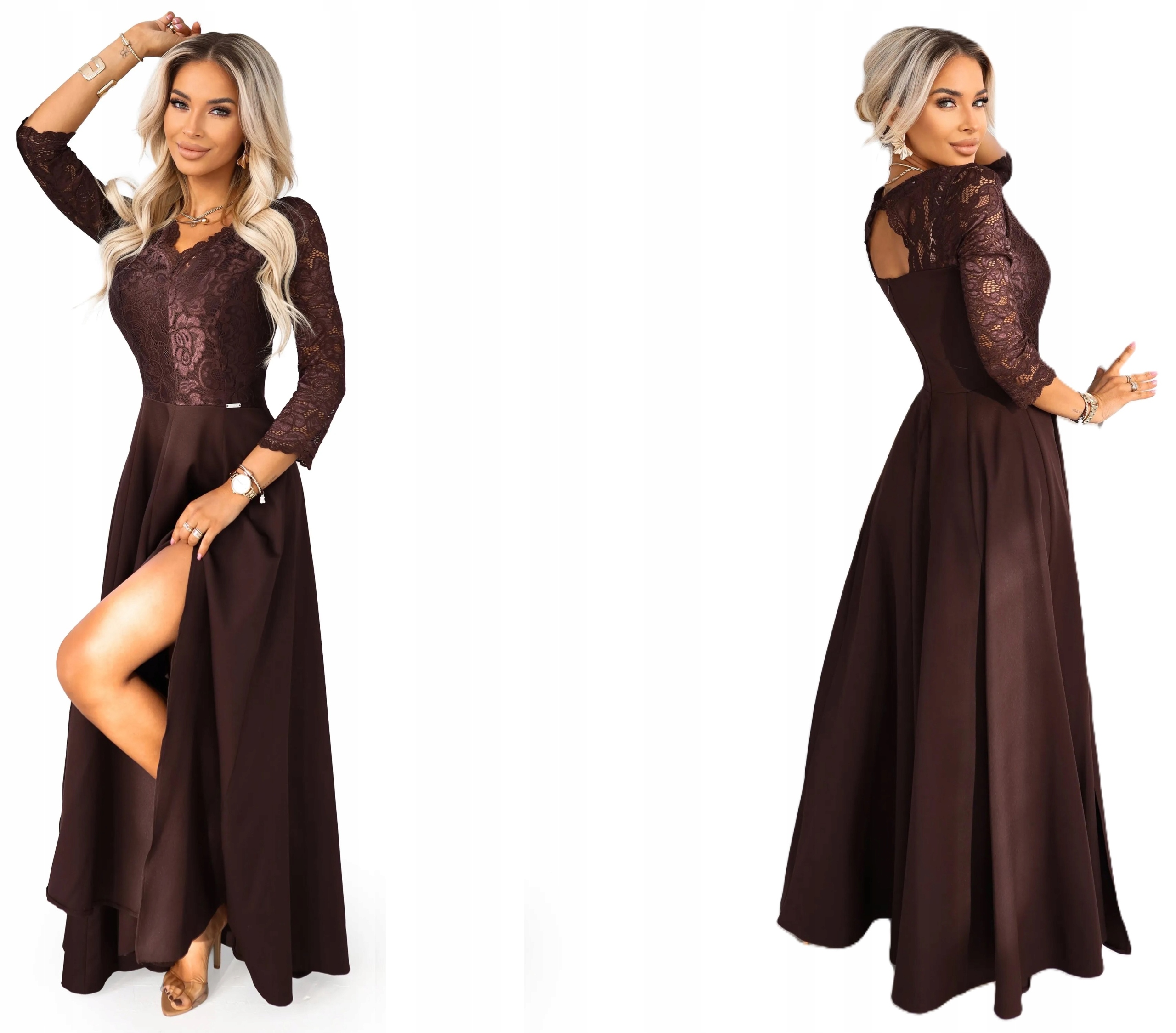 Elegantní Dlouhé Šaty S Krajkovým Výstřihem Na Ples Silvestr Čokoládová M