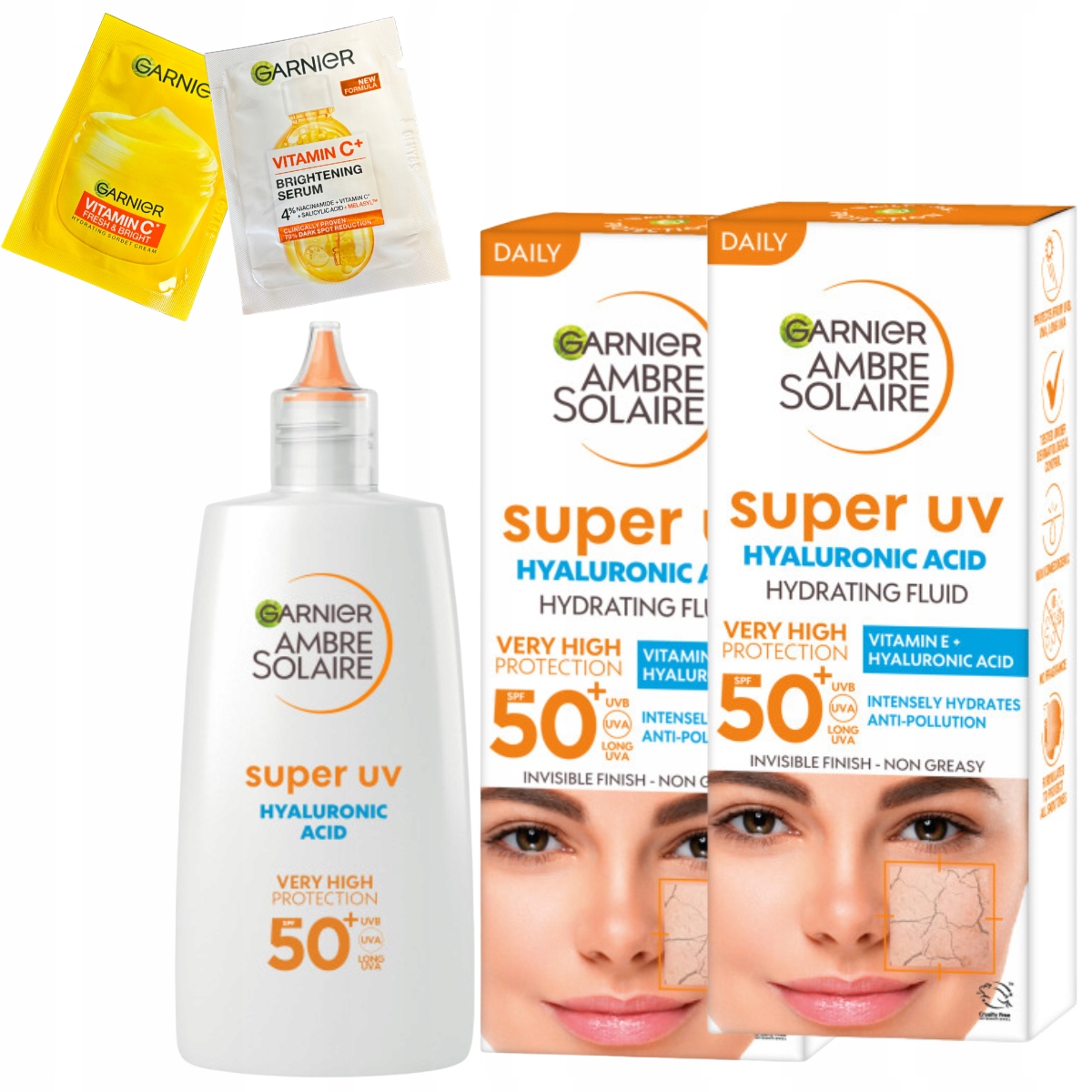 Garnier Ambre Solaire Uv ochranný fluid na obličej Spf 50+ 2x40 ml