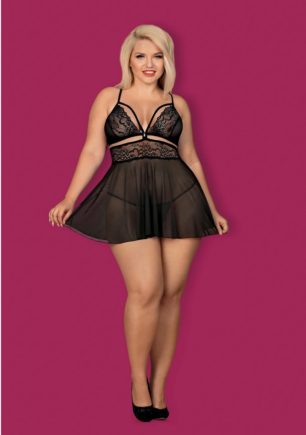 OBSESSIVE 838-BAB-1 BABYDOLL I STRINGI CZARNA S/M Kolor czarny