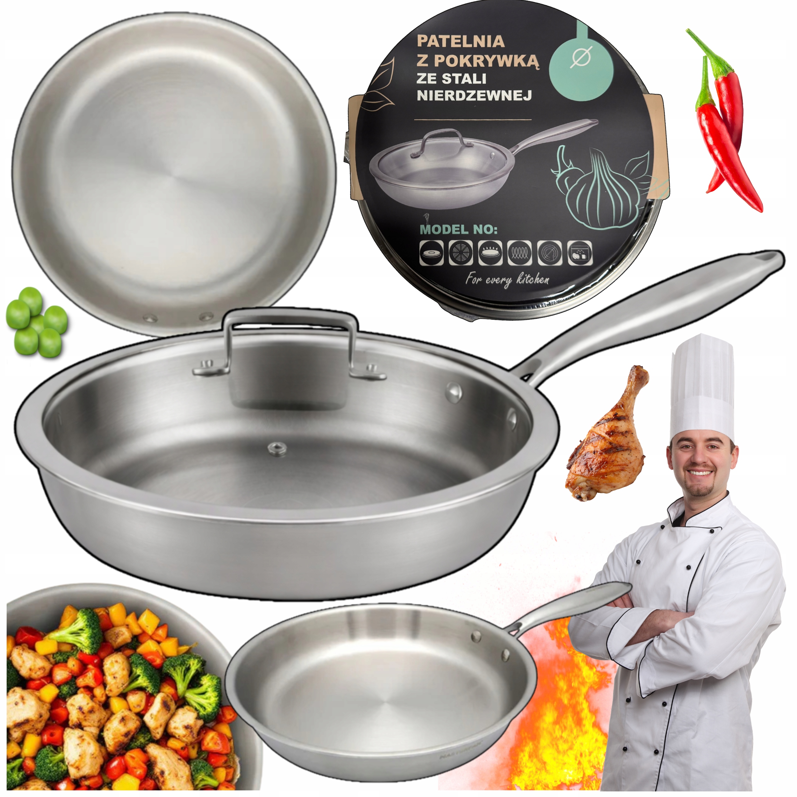 Solidna Patelnia Ze Stali Nierdzewnej 28cm Z Pokrywą Nity Gastronomiczna