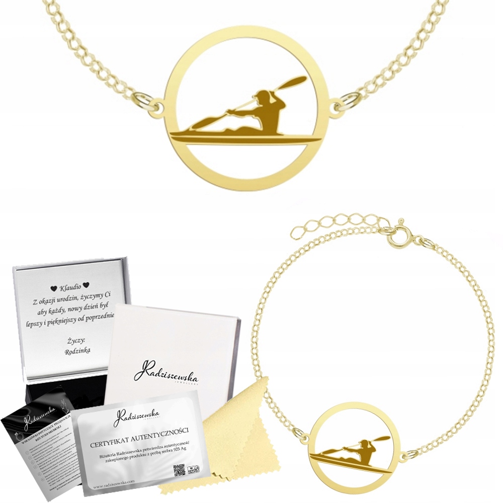 Zlatý Náramek S Kajakářem Kajakářství Stříbro 925 Dárek Gravírování Bonus