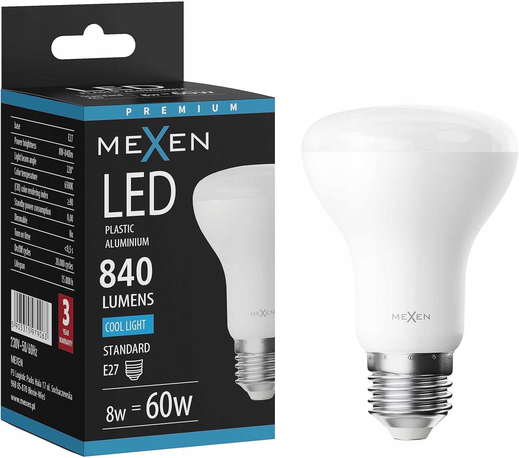 Mexen Nova Led Žárovka E27 R63 8W Studená Bílá 6500K 840 LM